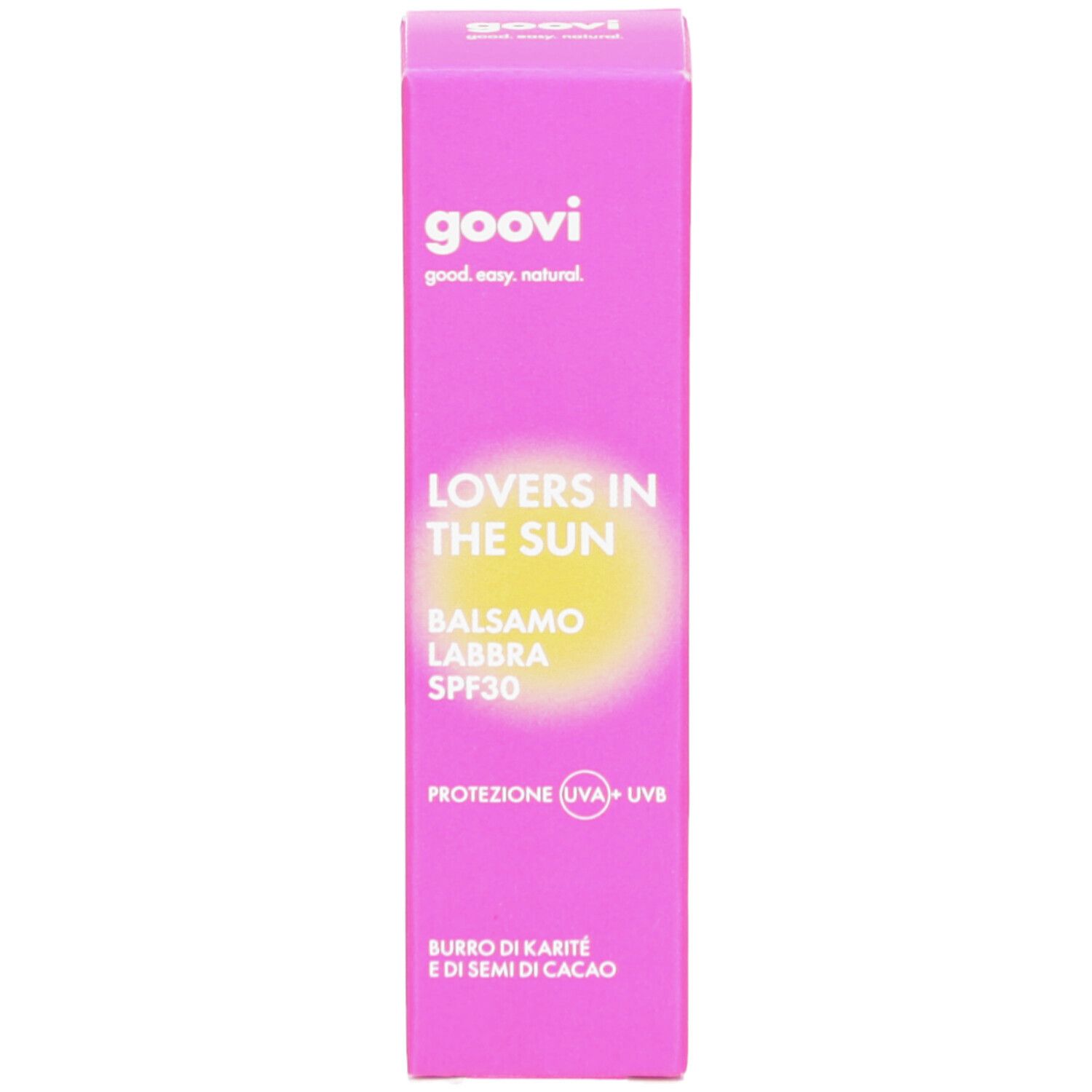 Emballage rose GOOVI. Nom du produit et SPF30. Protection solaire pour les lèvres.