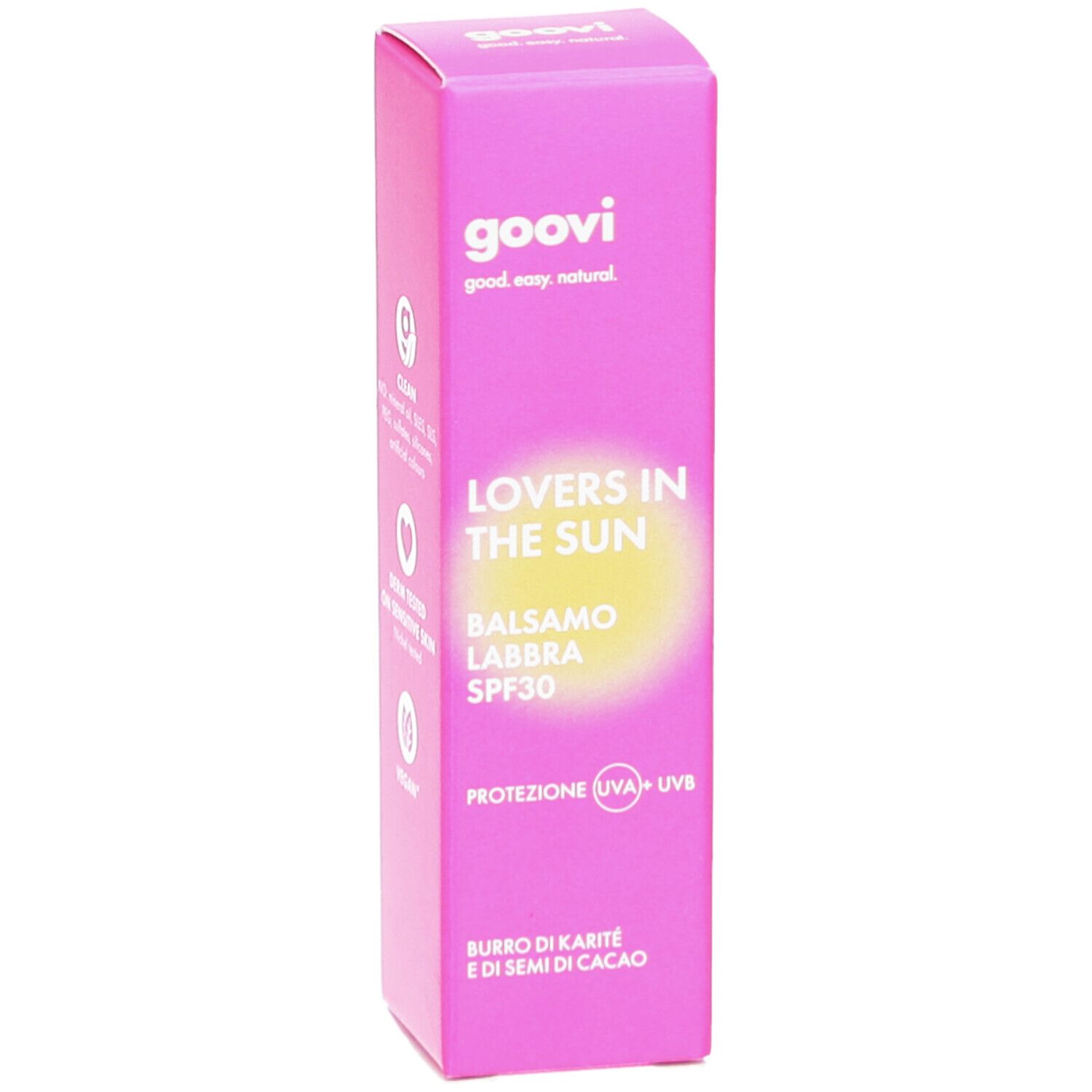 Emballage rose GOOVI. Nom du produit, SPF30. Label vegan et testé dermatologiquement.