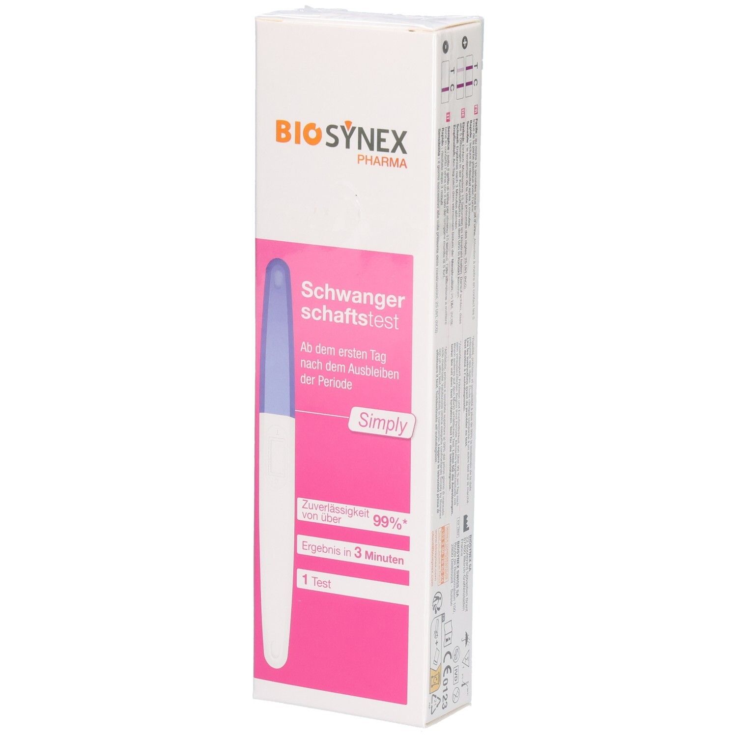 BIOSYNEX Schwangerschaftstest Simply: Eine Packung mit einem Teststäbchen und Produktinformationen.