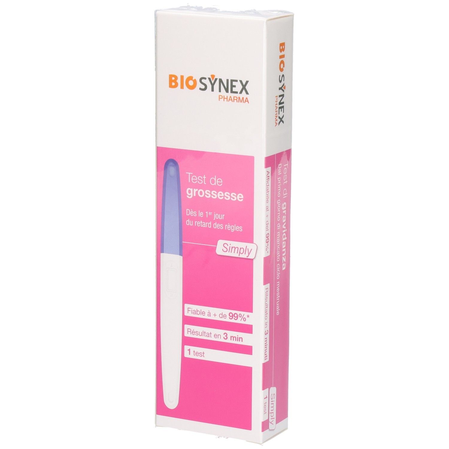 BIOSYNEX Schwangerschaftstest Simply: Eine Packung mit einem Teststäbchen und Produktinformationen.