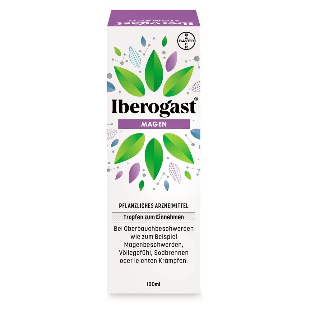 Karton mit Produktaufdruck. Schriftzug: Iberogast Magen. Bayer-Logo. Pflanzliches Arzneimittel. Tropfen zum Einnehmen. Text in Deutsch.