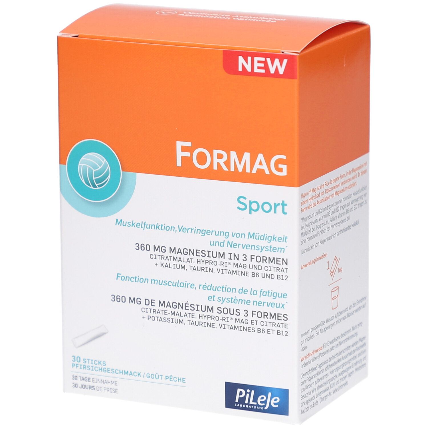 Formag Sport Box. Orange-weiß. Enthält 30 Sticks. Text: 360 mg Magnesium in 3 Formen. Pileje Logo.