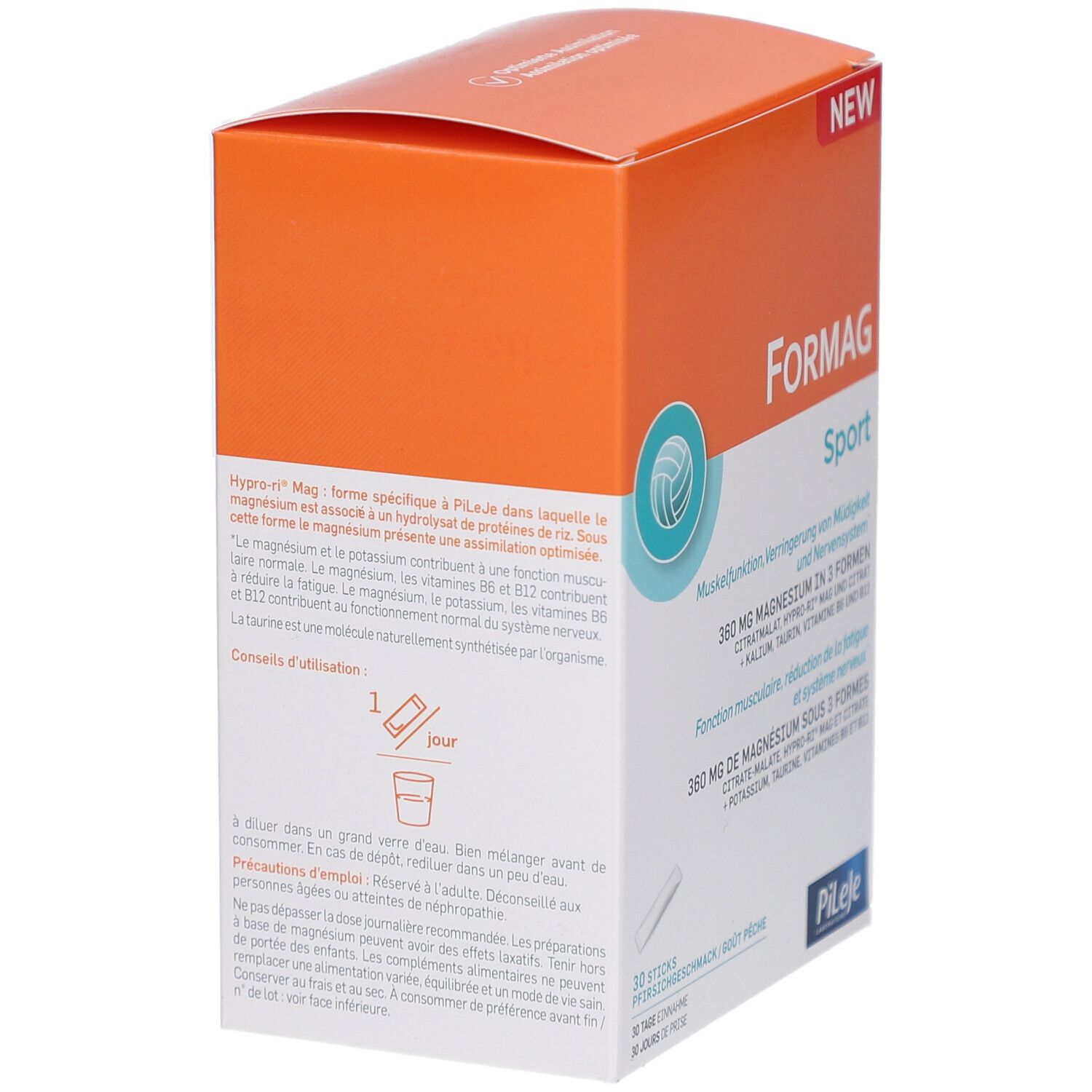 Rückseite der Formag Sport Box. Text: 360 mg Magnesium in 3 Formen. Pileje Logo. Gebrauchsanweisung.