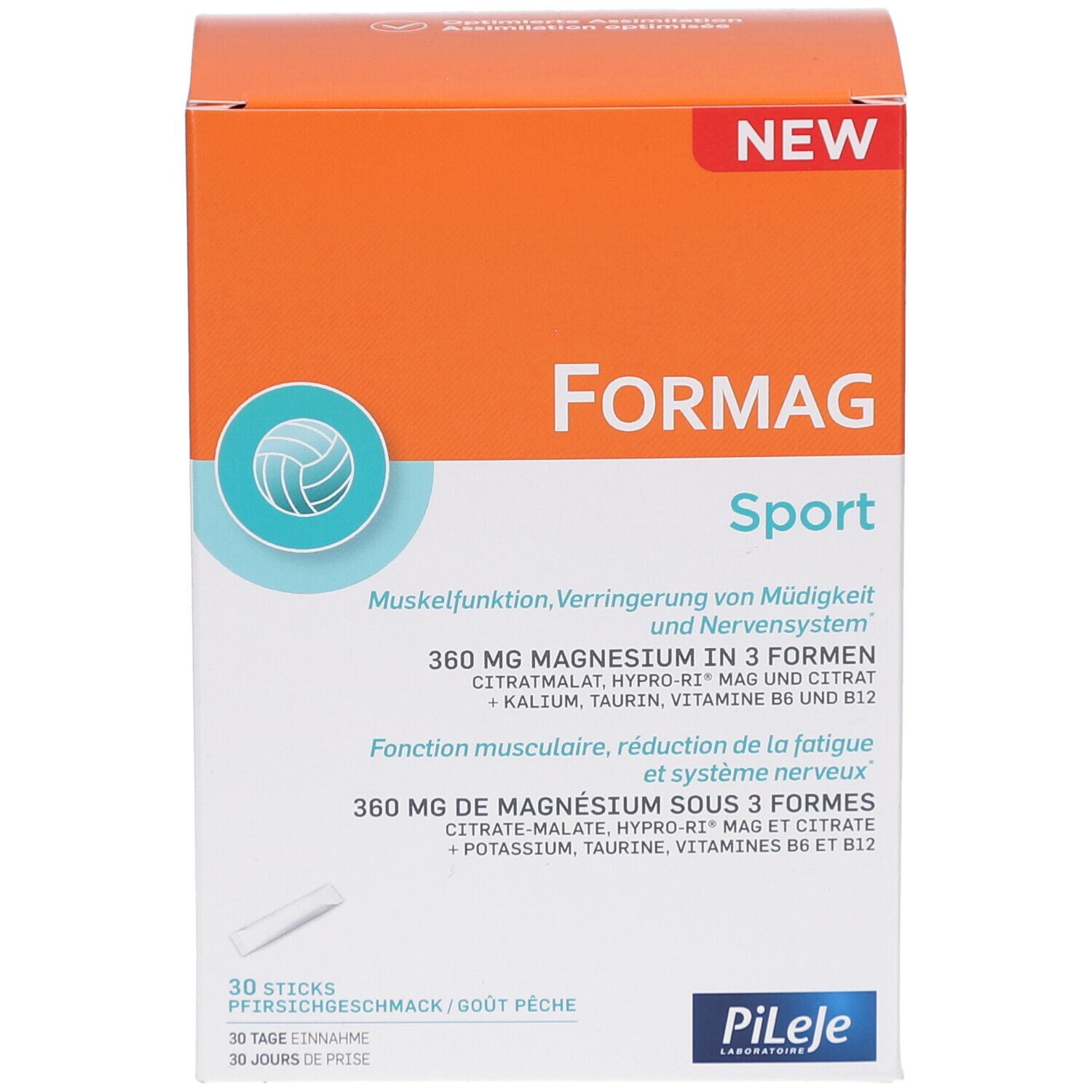 Formag Sport Box. Orange-weiß. Enthält 30 Sticks. Text: 360 mg Magnesium in 3 Formen. Pileje Logo.