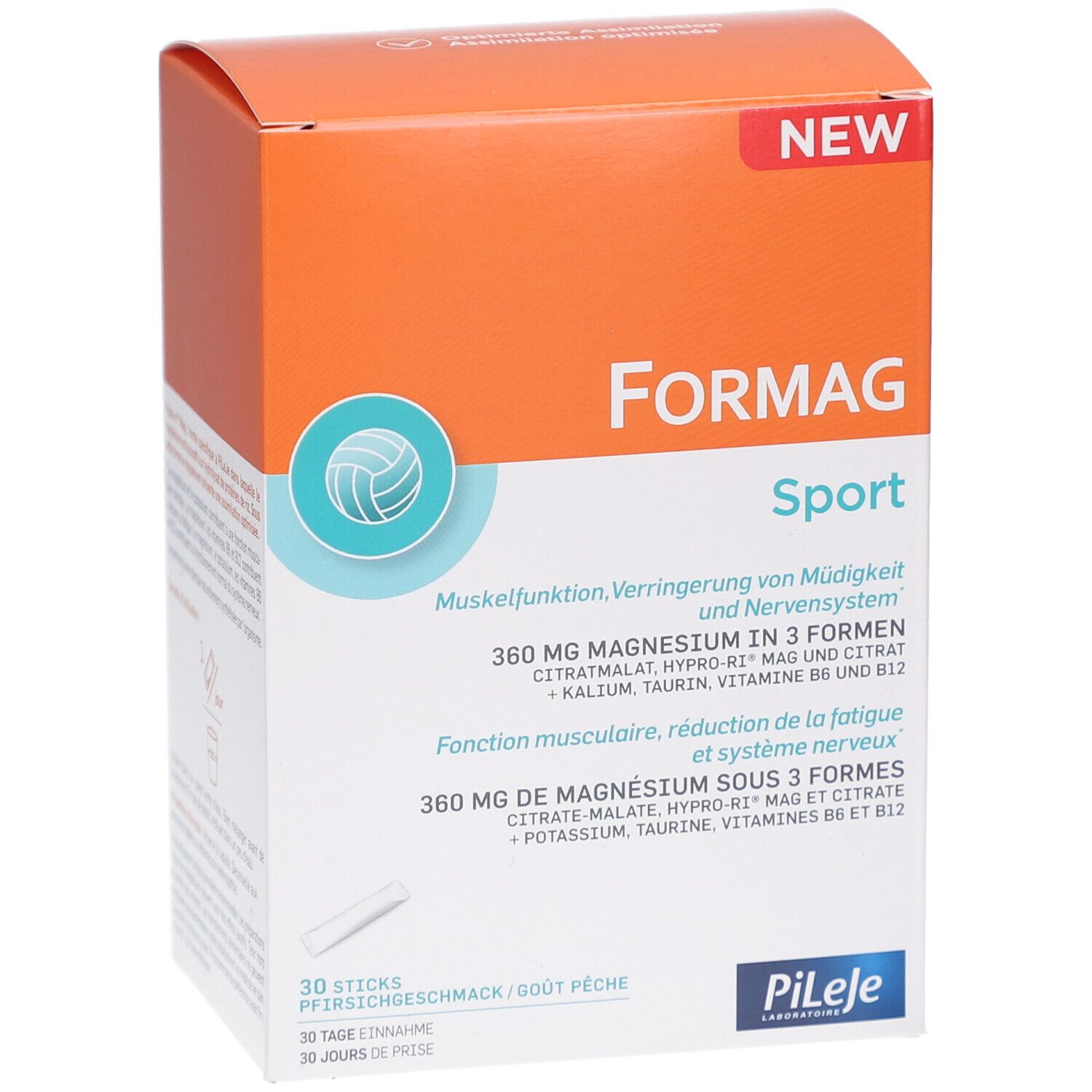 Formag Sport Box. Orange-weiß. Enthält 30 Sticks. Text: 360 mg Magnesium in 3 Formen. Pileje Logo.