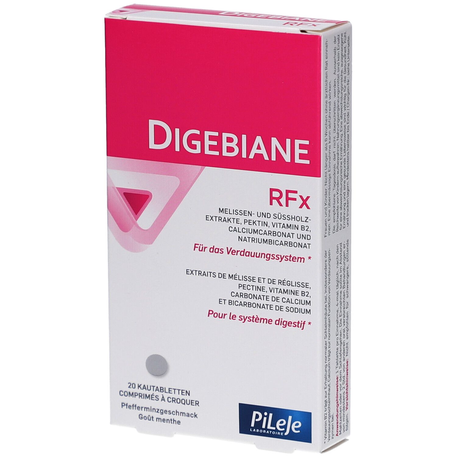 Schachtel mit "Digebiane RFx". Rosa-weiße Verpackung. Enthält 20 Kautabletten. Aufschrift: "Für das Verdauungssystem".