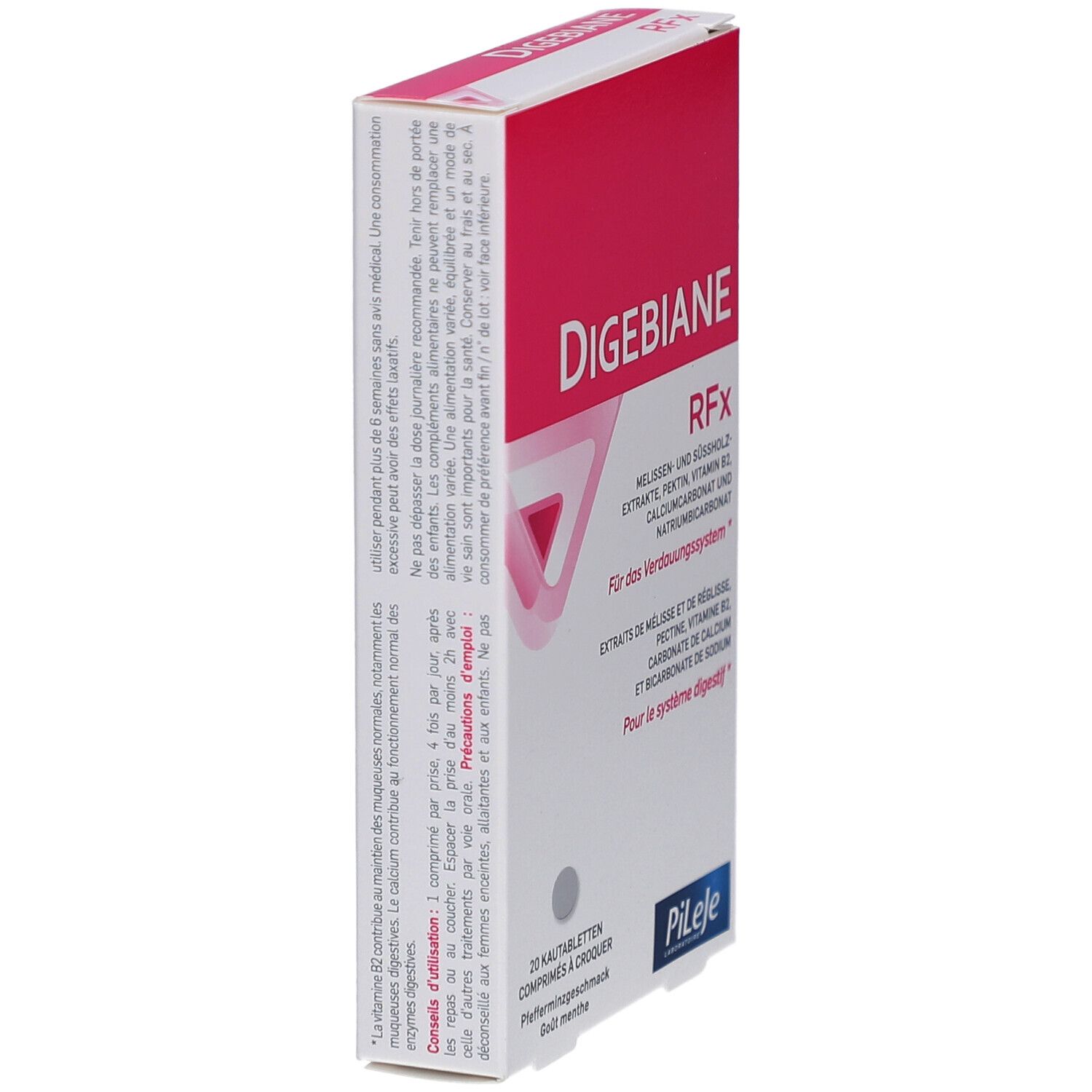Schachtel "Digebiane RFx" in Schrägansicht. Rosa-weiße Verpackung. Text auf Deutsch und Französisch. Marke Pileje.