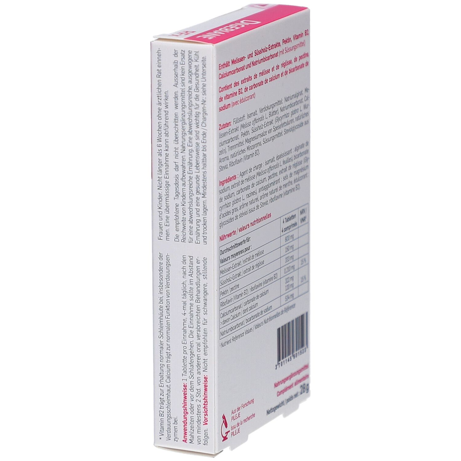 Seite der "Digebiane RFx"-Schachtel. Anwendungshinweise und Warnhinweise. Marke Pileje. Gewicht: 28g.