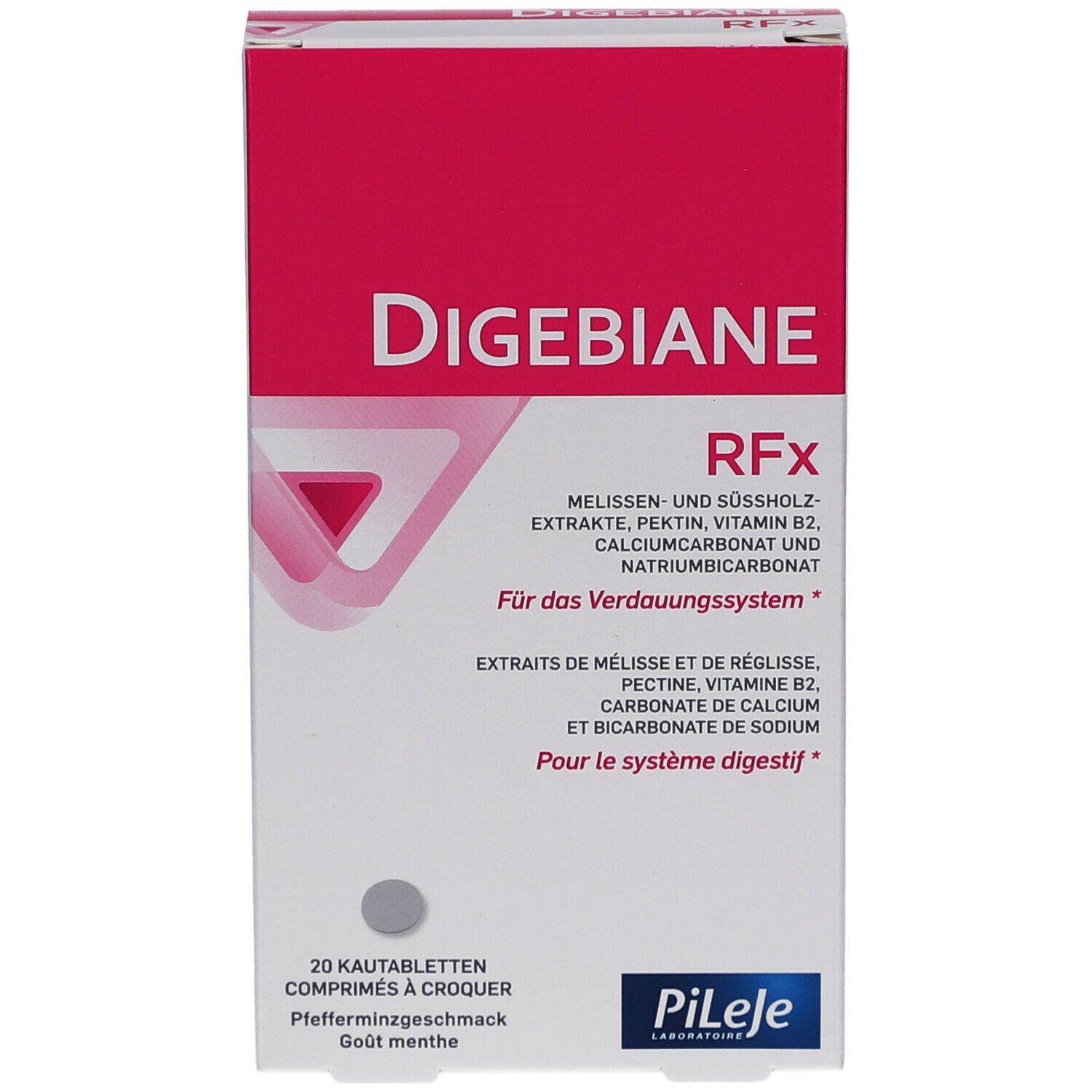 Vorderansicht der "Digebiane RFx"-Schachtel. Rosa-weiße Verpackung. Enthält 20 Kautabletten. Marke Pileje.