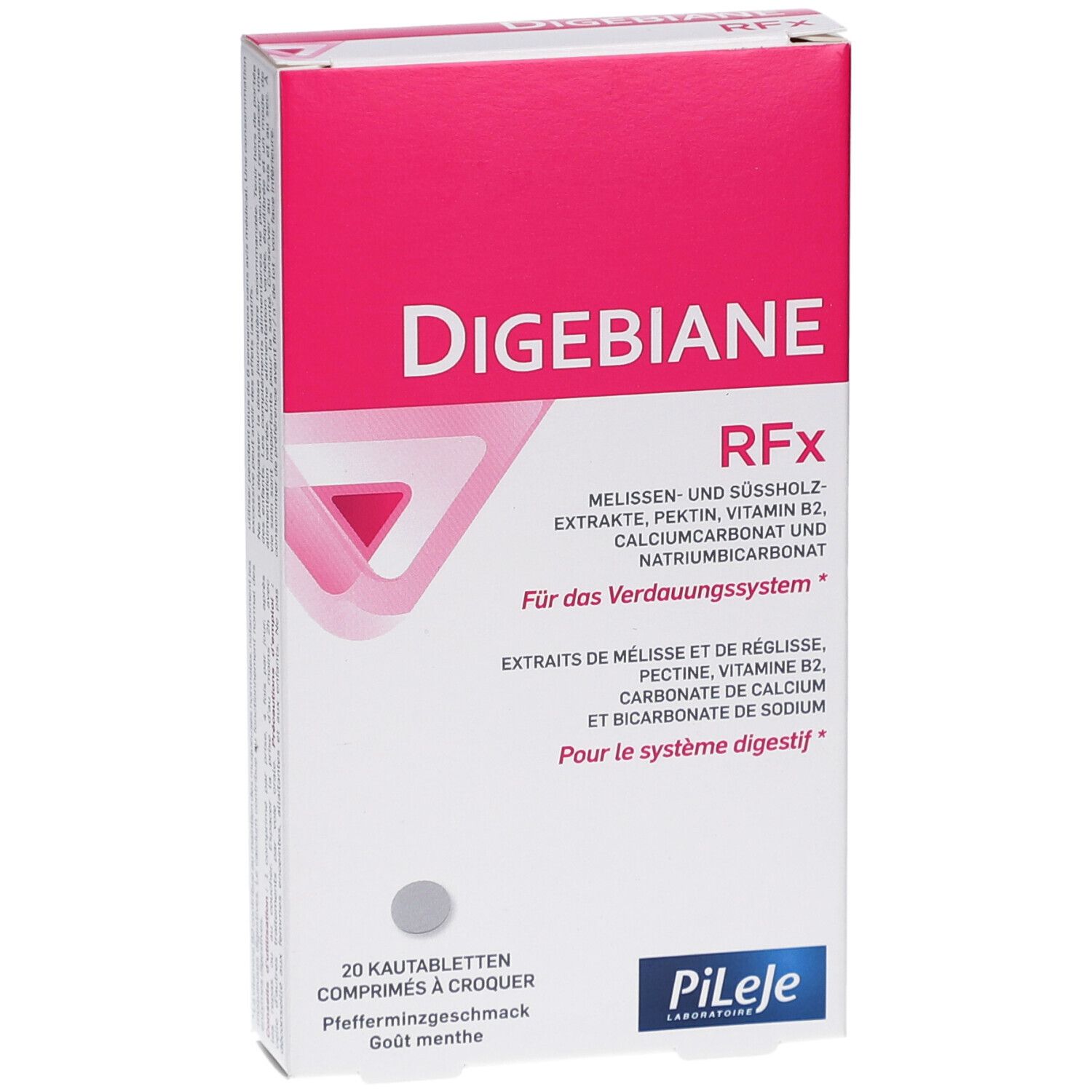 Vorderansicht der "Digebiane RFx"-Schachtel. Rosa-weiße Verpackung. Enthält 20 Kautabletten. Marke Pileje.