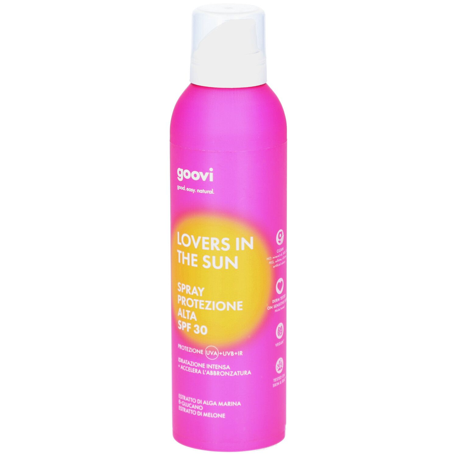 Rosa Sprühflasche mit weißem Sprühkopf. Aufschrift: GOOVI, LOVERS IN THE SUN, SPF 30. Gelber Hintergrund.