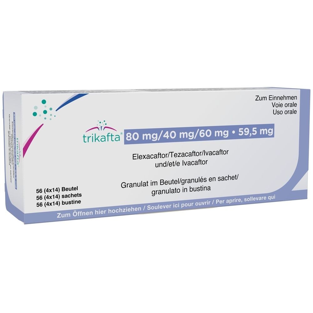 Boîte blanche avec nom et dosage du produit. Contient 56 sachets de granulés. Texte en allemand, français, italien.