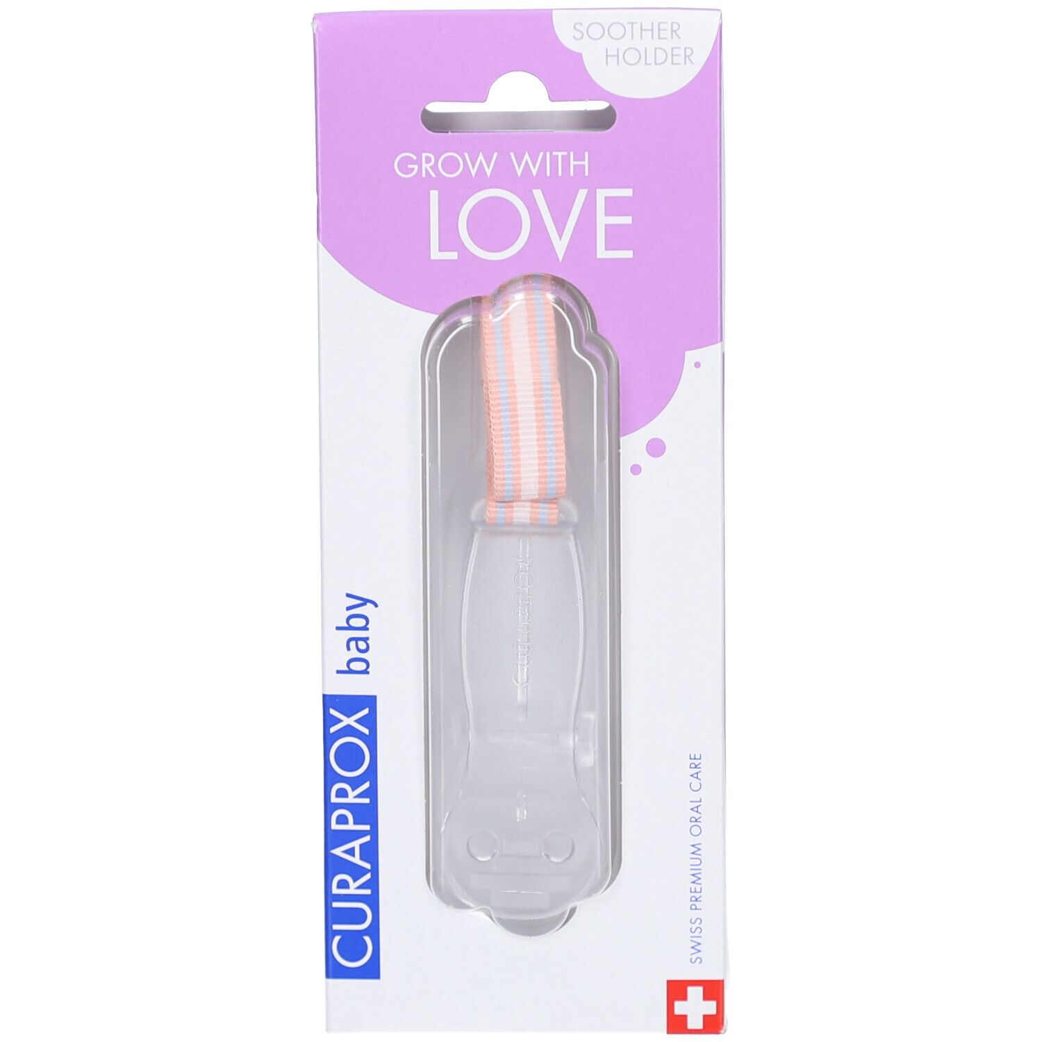Transparenter Schnullerhalter in Verpackung. Rosa-weißes Band. Text: GROW WITH LOVE, CURAPROX baby, SOOTHER HOLDER.