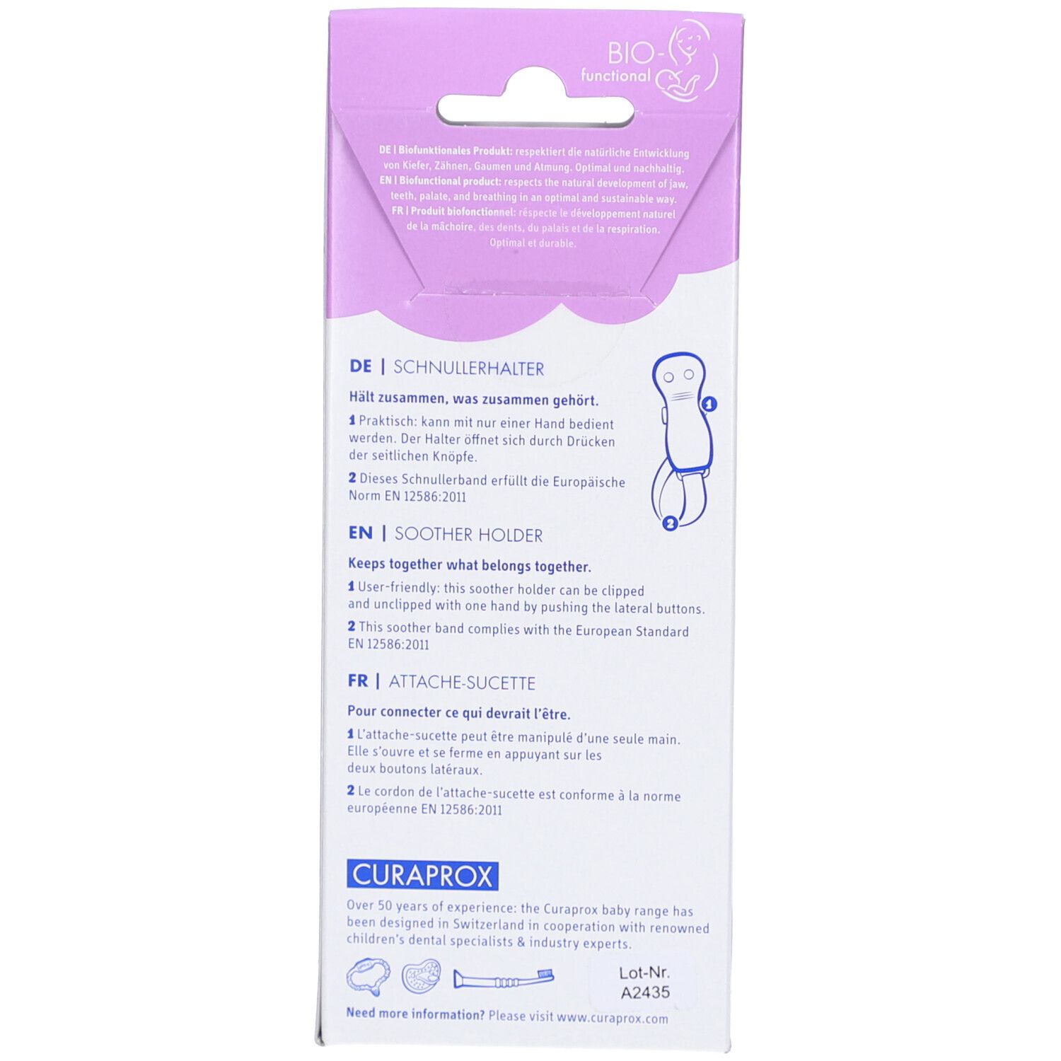 Rückseite der Verpackung. Text: SCHNULLERHALTER, EN I SOOTHER HOLDER, FR I ATTACHE SUCETTE. Logo: CURAPROX, Schweizer Kreuz.