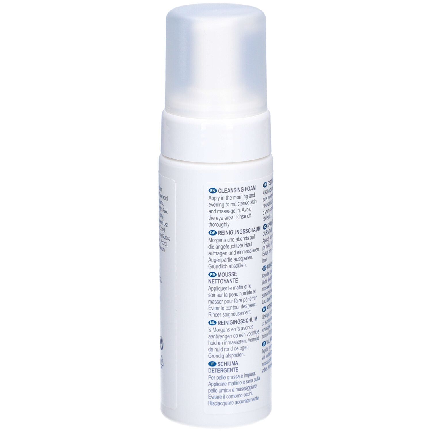 Dos du flacon blanc «skineffect» et «Cleansing Foam». Texte multilingue. Pour peaux grasses et impures.