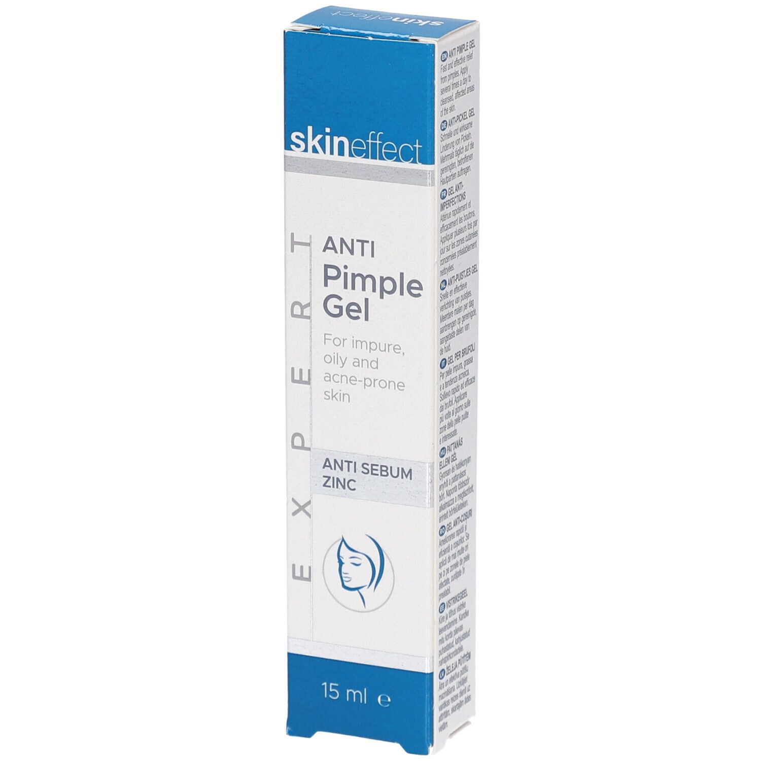 Boîte de SKINEFFECT Gel Anti-Boutons. Emballage bleu et blanc. Texte : Anti Pimple Gel, Anti Sebum Zinc, 15 ml.