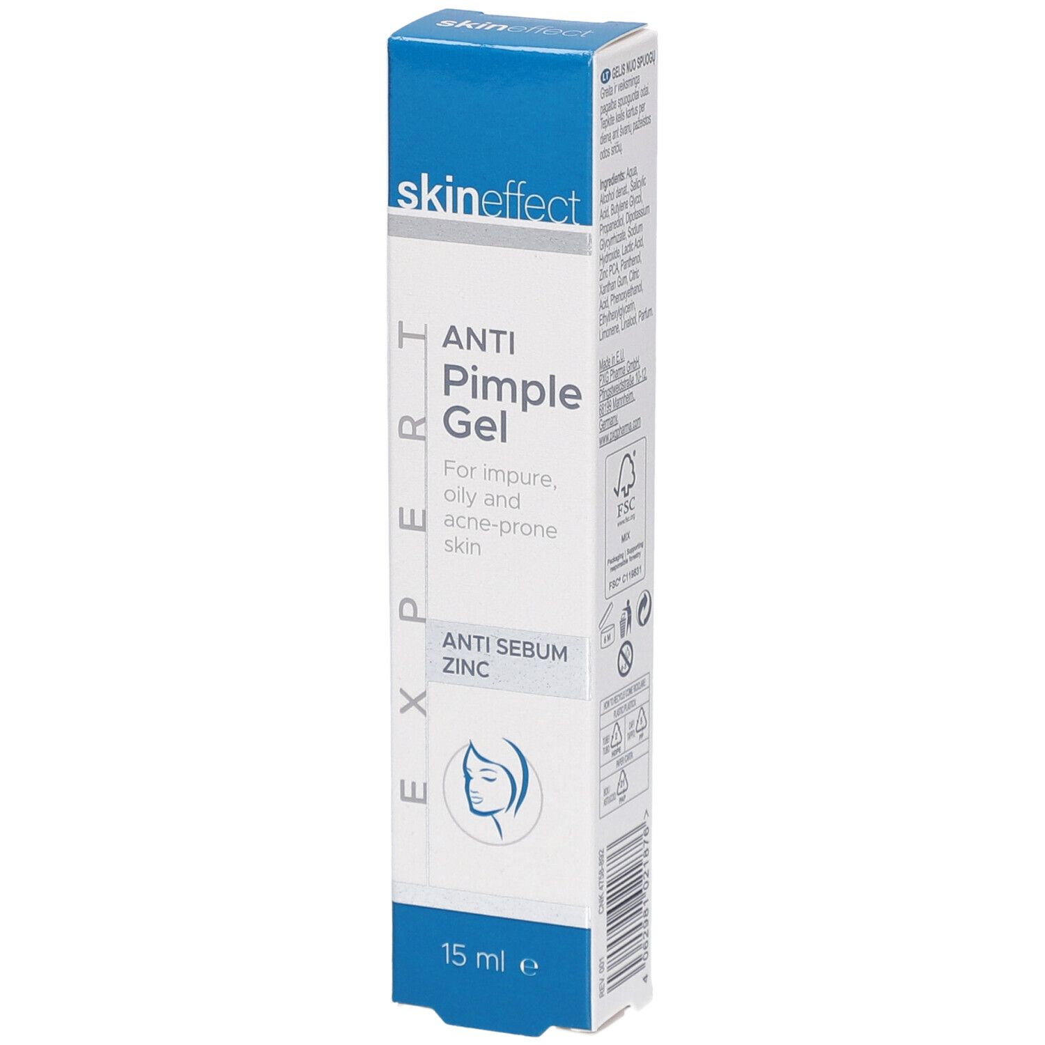 Boîte de SKINEFFECT Gel Anti-Boutons. Emballage bleu et blanc. Texte : Anti Pimple Gel, Anti Sebum Zinc, 15 ml.