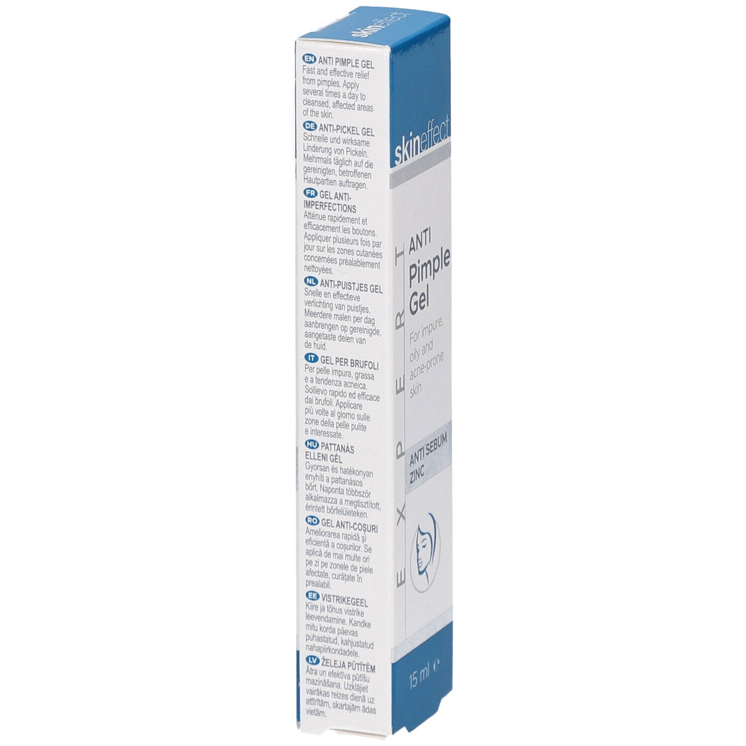 Côté de la boîte de SKINEFFECT Gel Anti-Boutons. Texte multilingue. 15 ml.