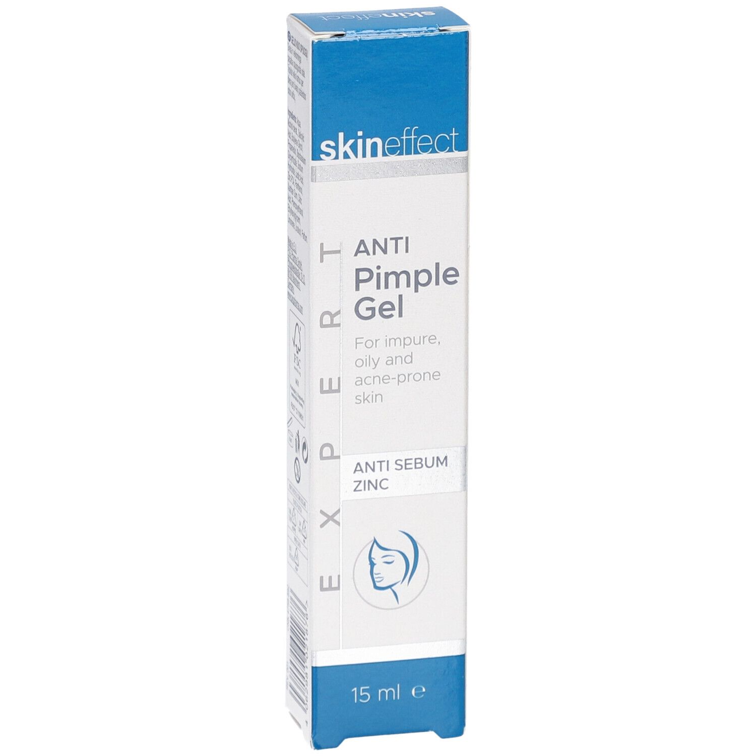 Boîte de SKINEFFECT Gel Anti-Boutons. Emballage bleu et blanc. Texte : Anti Pimple Gel, Anti Sebum Zinc, 15 ml.