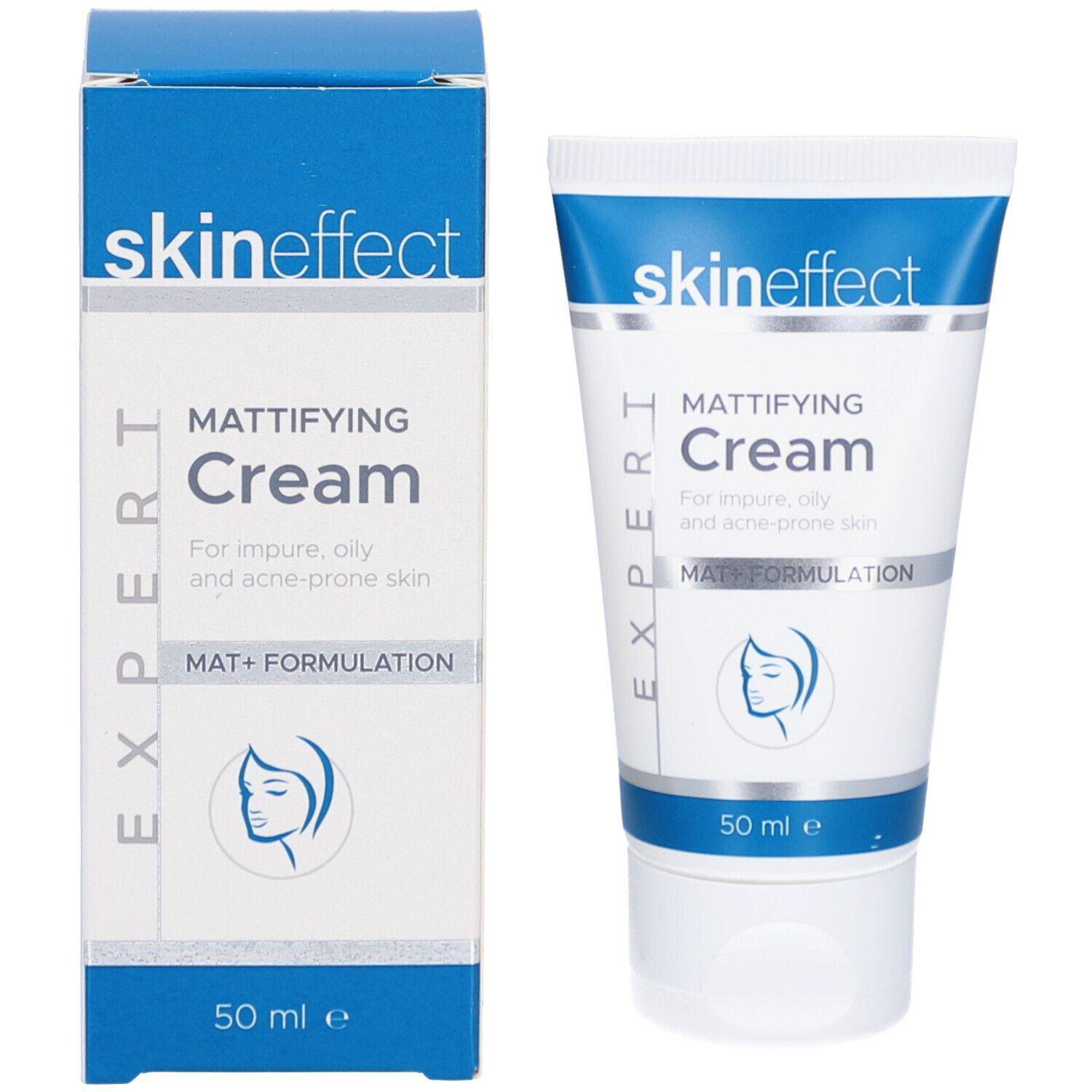 Produktverpackung "skineffect Mattifying Cream". Tube und Schachtel nebeneinander. 50 ml.