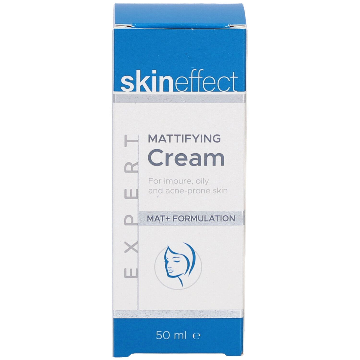 Schachtel "skineffect Mattifying Cream". Weiße Schachtel mit blauem Deckel und Schriftzug. 50 ml.