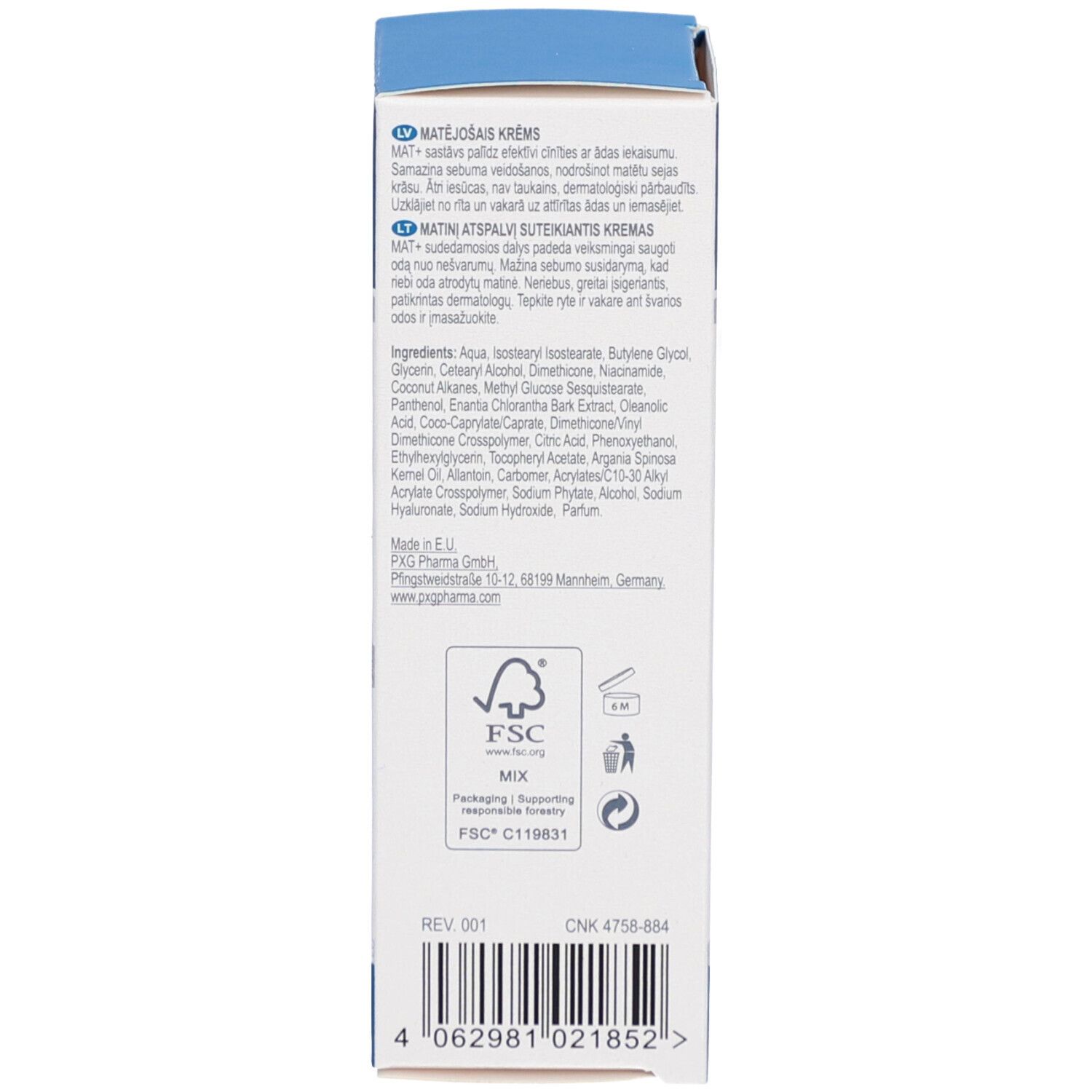 Rückseite der Schachtel "Mattifying Cream". Enthält Inhaltsstoffe, Herstellerinformationen und FSC-Logo.