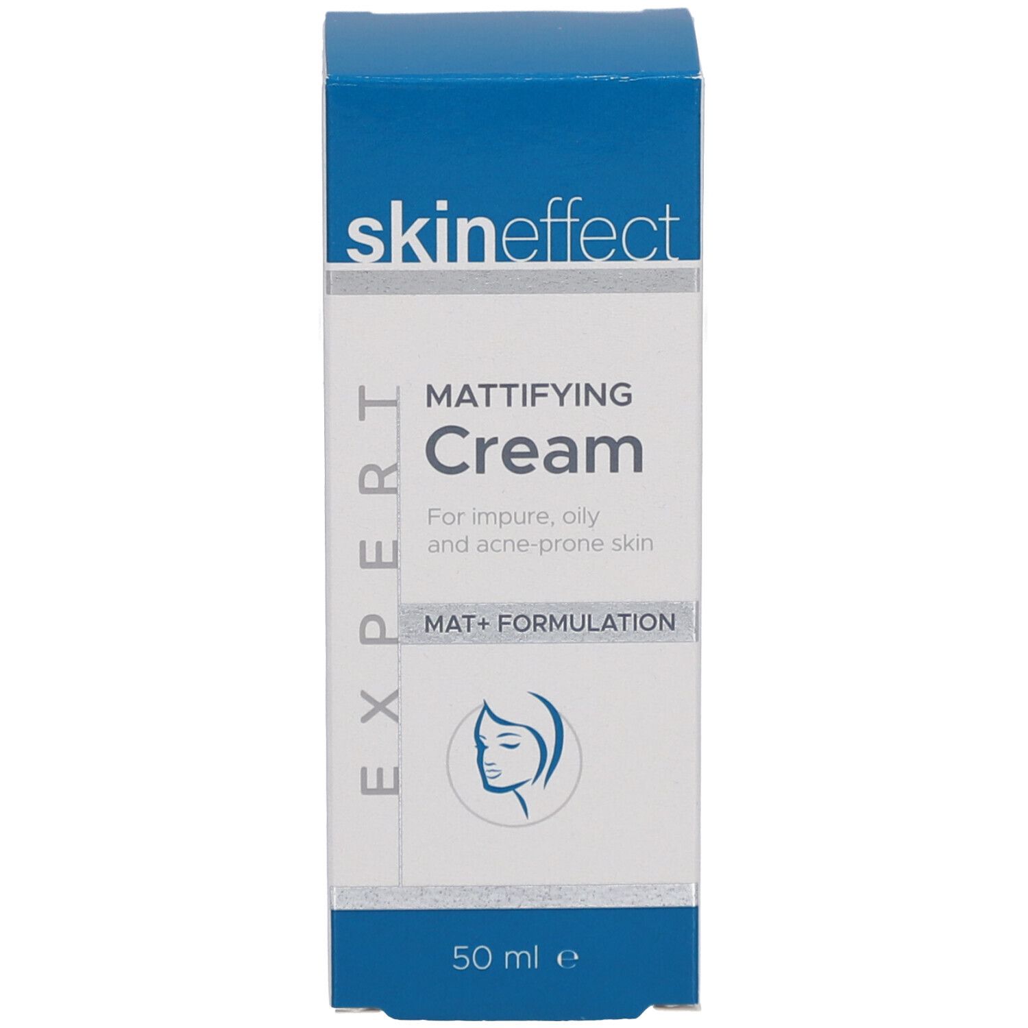 Schachtel "skineffect Mattifying Cream". Weiße Schachtel mit blauem Deckel und Schriftzug. 50 ml.