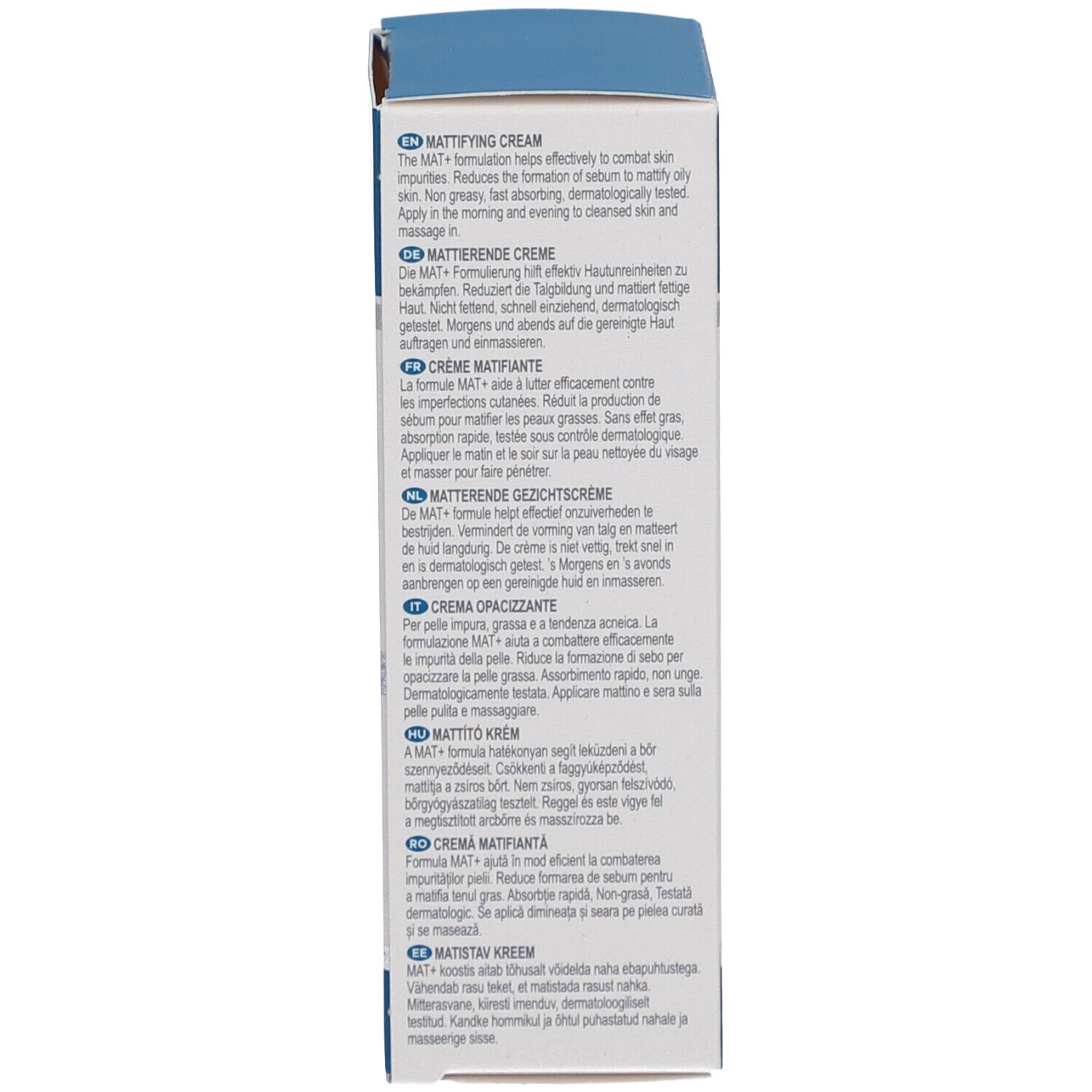 Seite der Schachtel "Mattifying Cream". Beschreibungen in mehreren Sprachen, u.a. Deutsch.