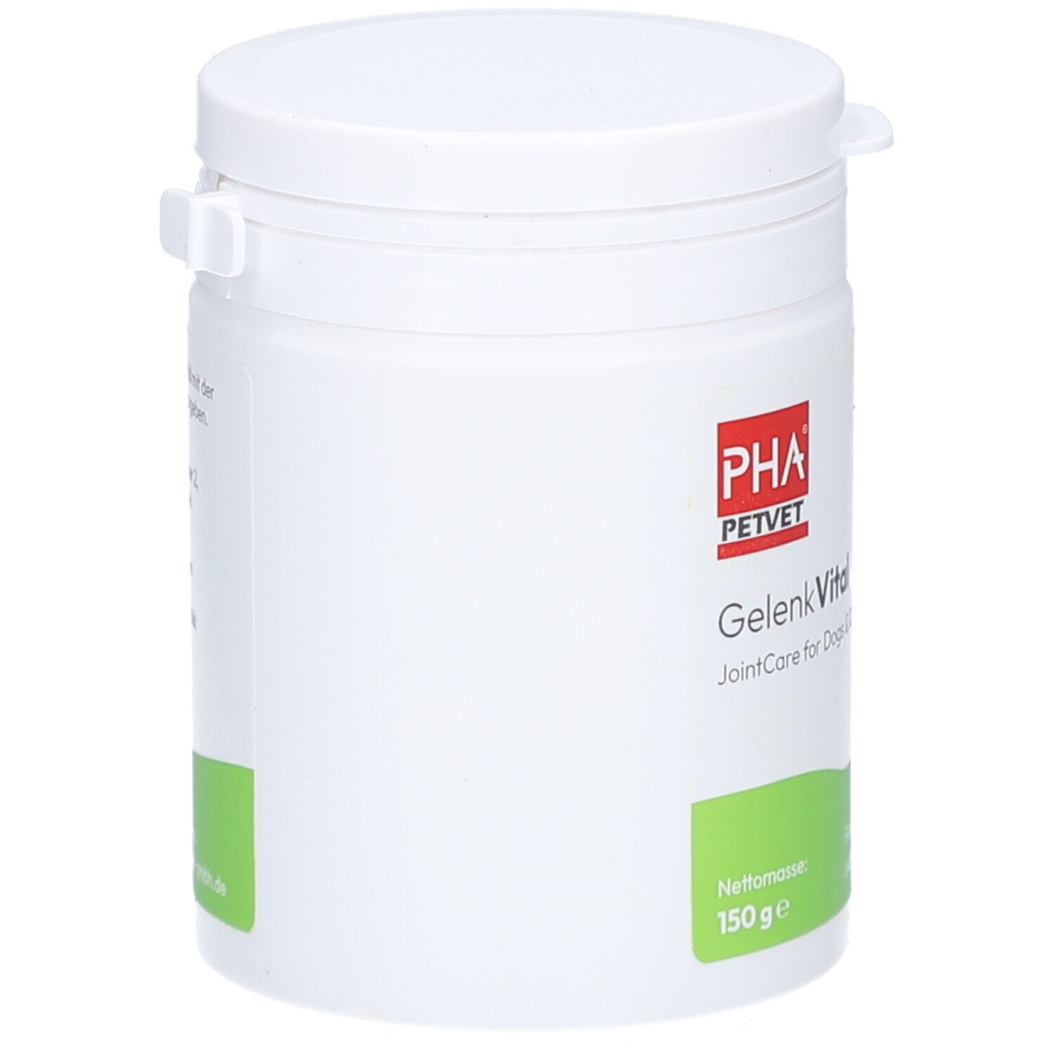 Weiße Dose mit Deckel. PHA PETVET GelenkVital. JointCare for Dogs. 150g. Grün-weiße Etiketten.