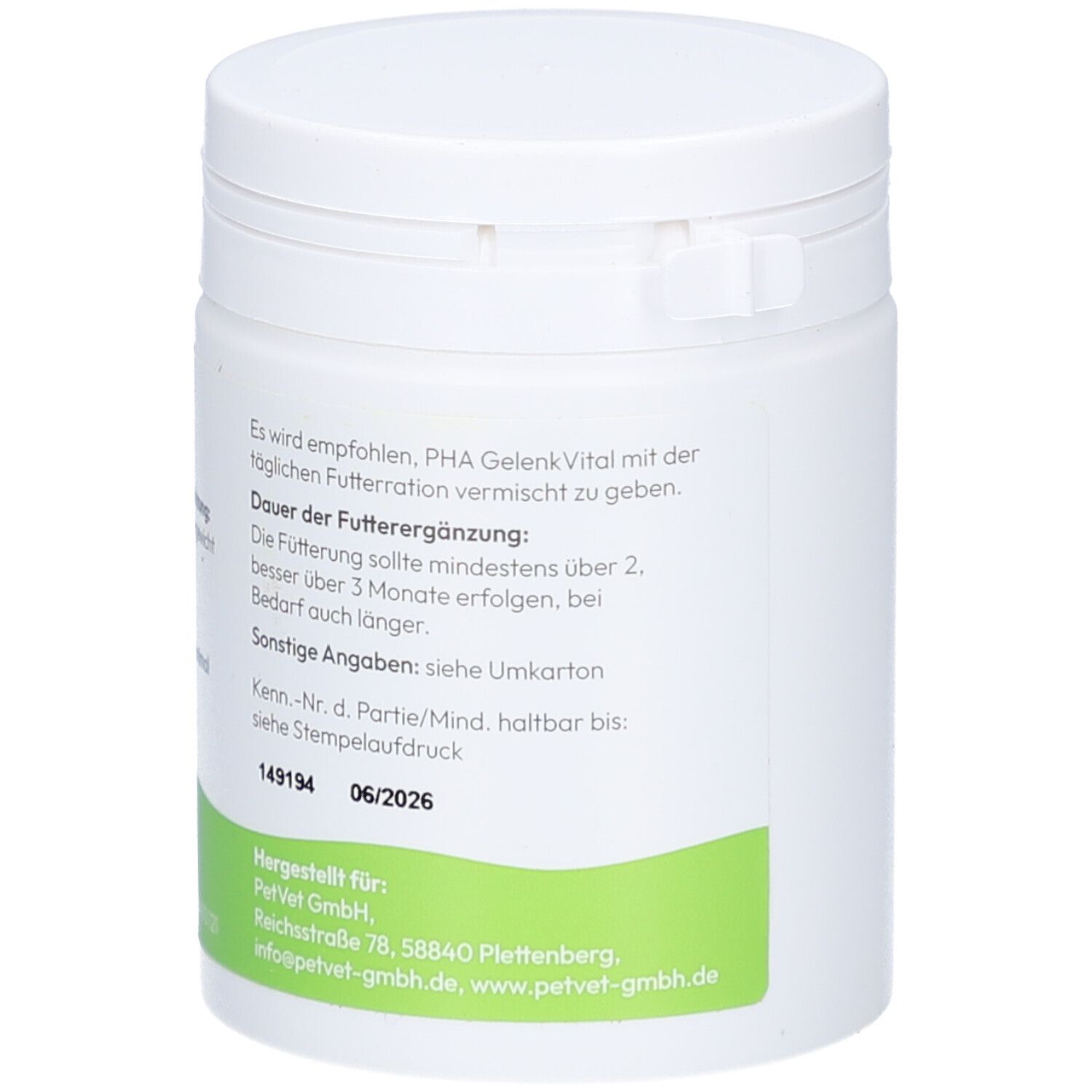 Weiße Dose mit Deckel. Text auf Deutsch. Grünes Etikett mit Text. Haltbarkeit 06/2026.