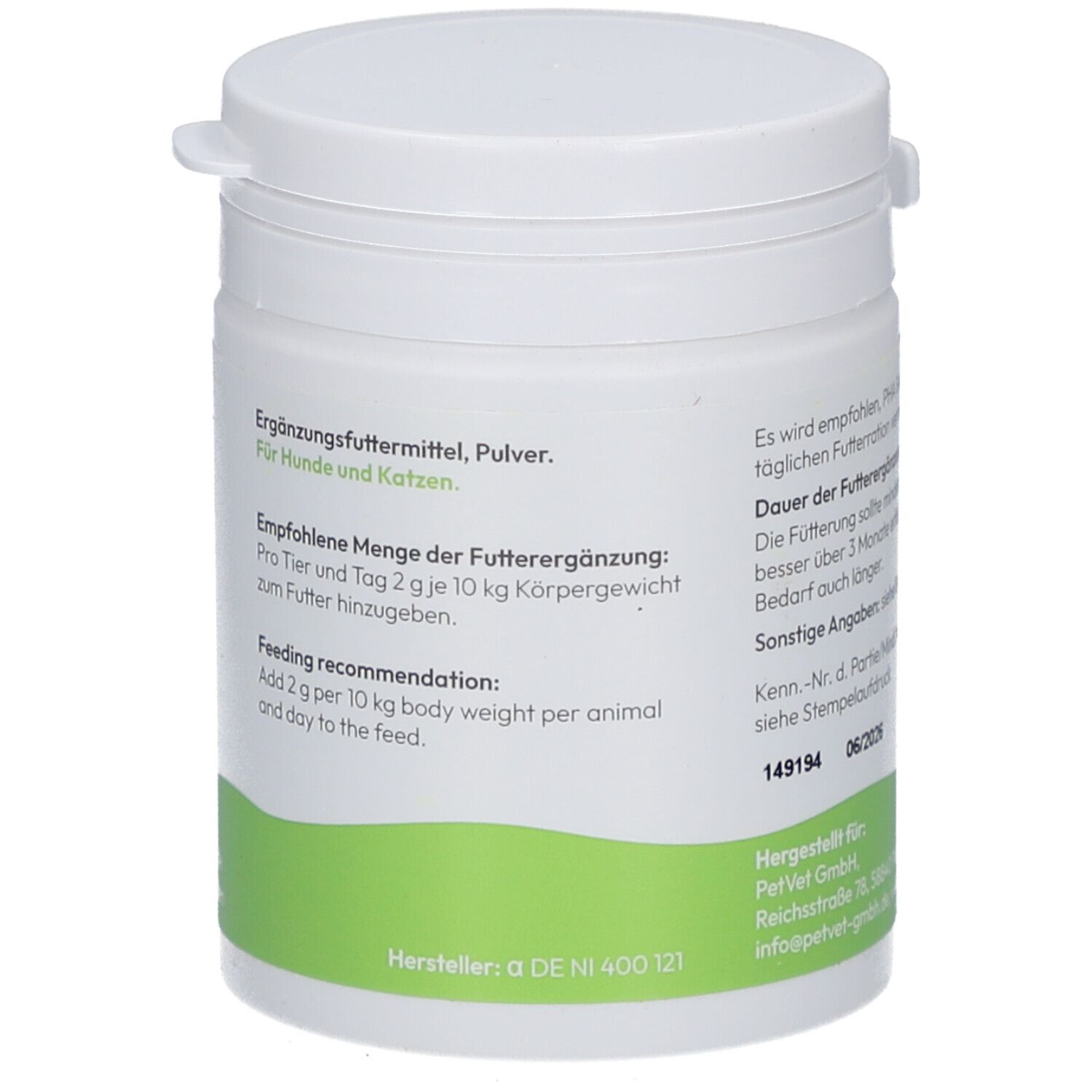 Weiße Dose mit Deckel. Text auf Deutsch. Grünes Etikett mit Text. Hersteller: a DE NI 400 121.