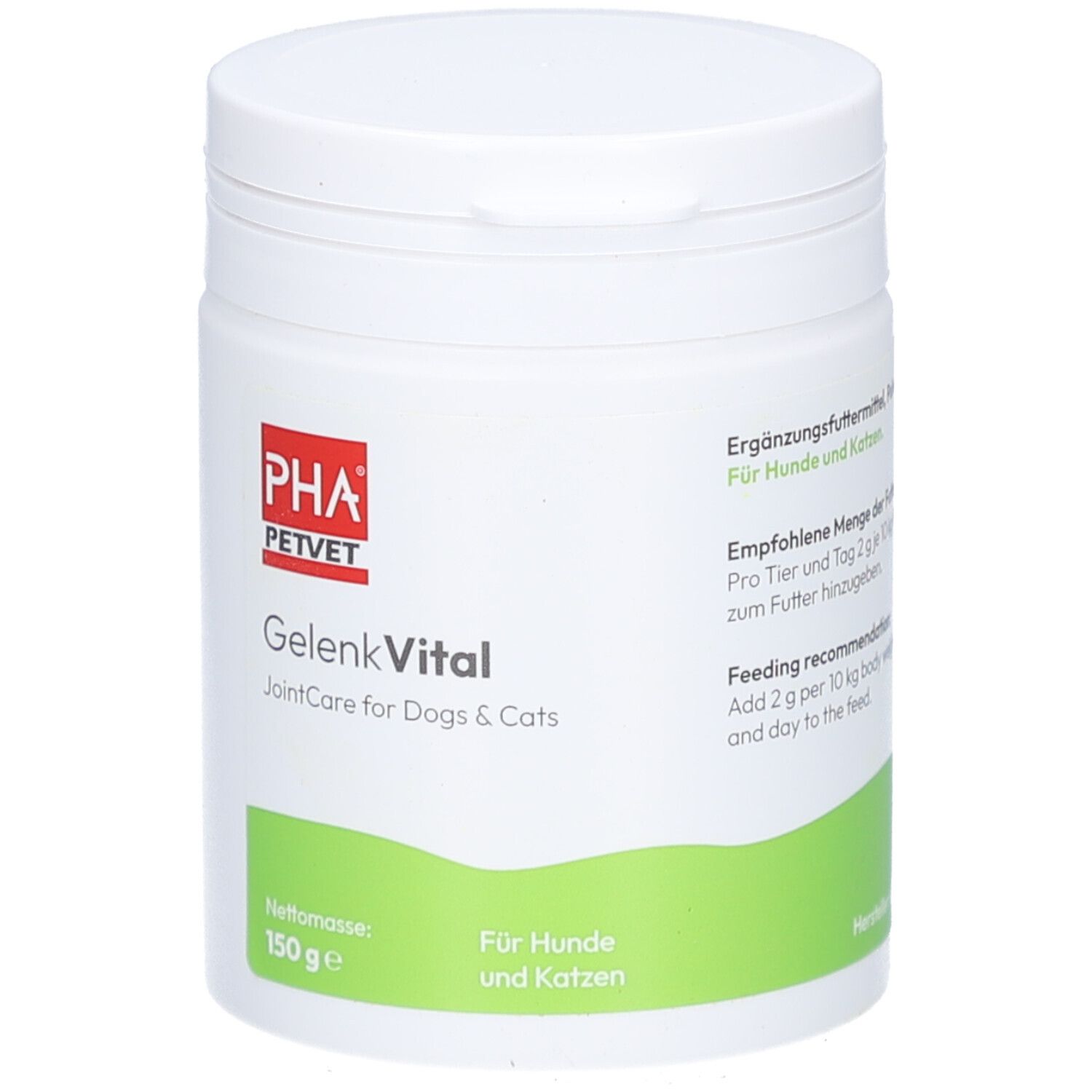 Weiße Dose mit Deckel. PHA PETVET GelenkVital. JointCare for Dogs & Cats. 150g. Grünes Etikett.