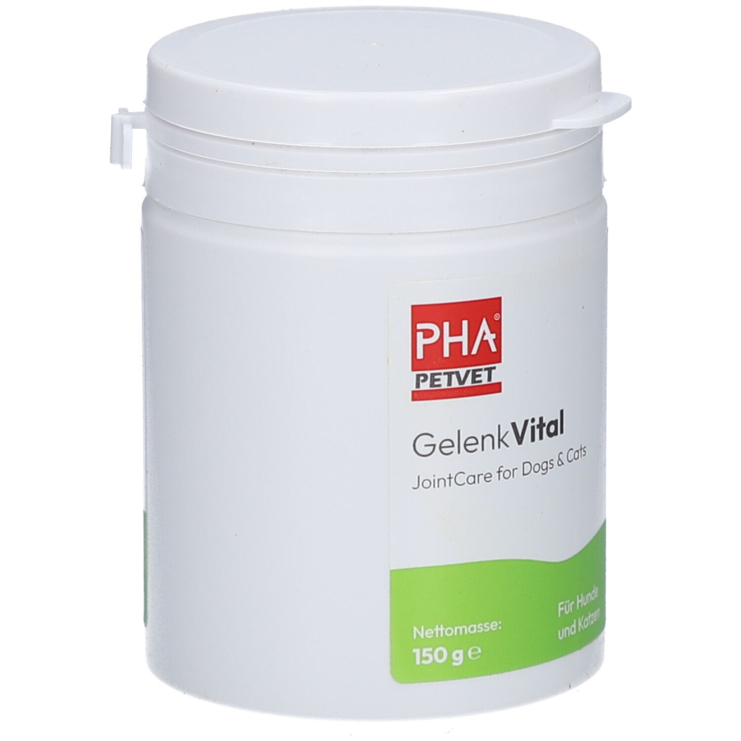 Weiße Dose mit Deckel. PHA PETVET GelenkVital. JointCare for Dogs & Cats. 150g. Grünes Etikett.