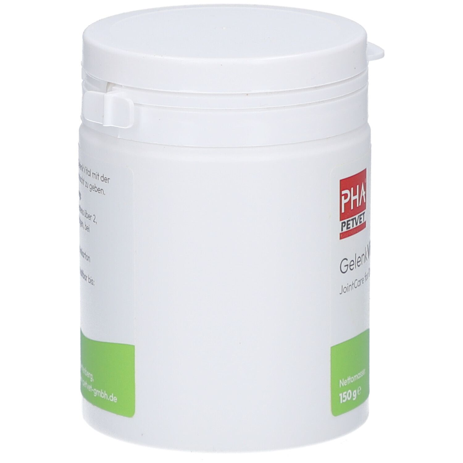 Weiße Dose mit Deckel. PHA PETVET GelenkVital. 150g. Grünes Etikett. Text auf Deutsch.