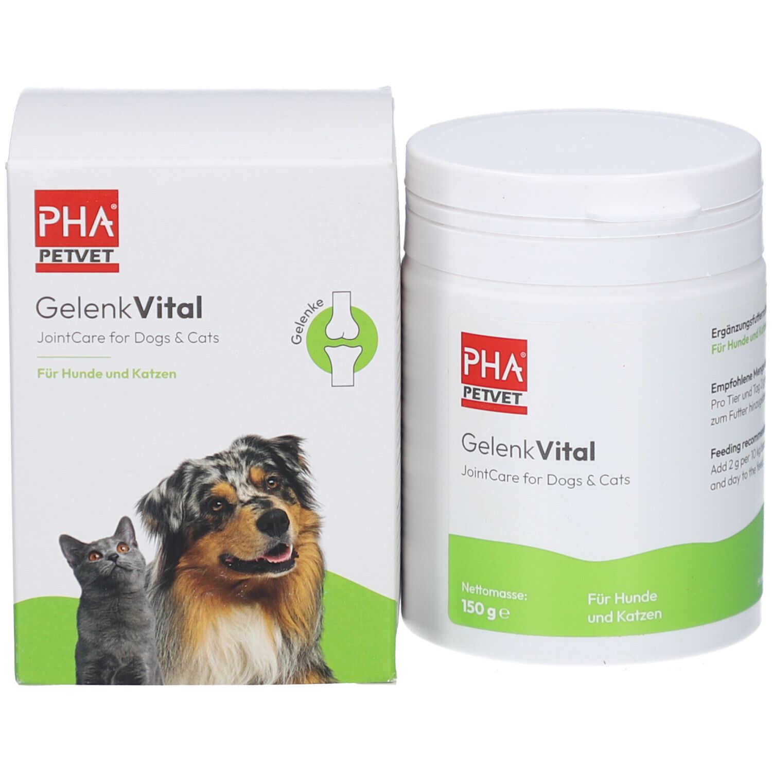 Produktverpackung und Dose. PHA PETVET GelenkVital. JointCare for Dogs & Cats. 150g. Hunde und Katzen.