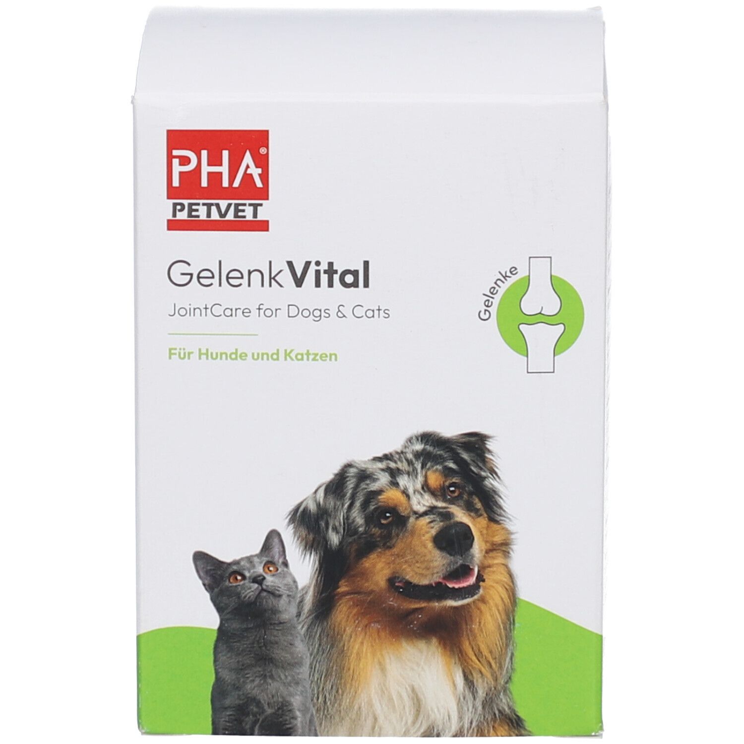 Produktverpackung. PHA PETVET GelenkVital. JointCare for Dogs & Cats. Hunde und Katzen. Abbildung Hund und Katze.