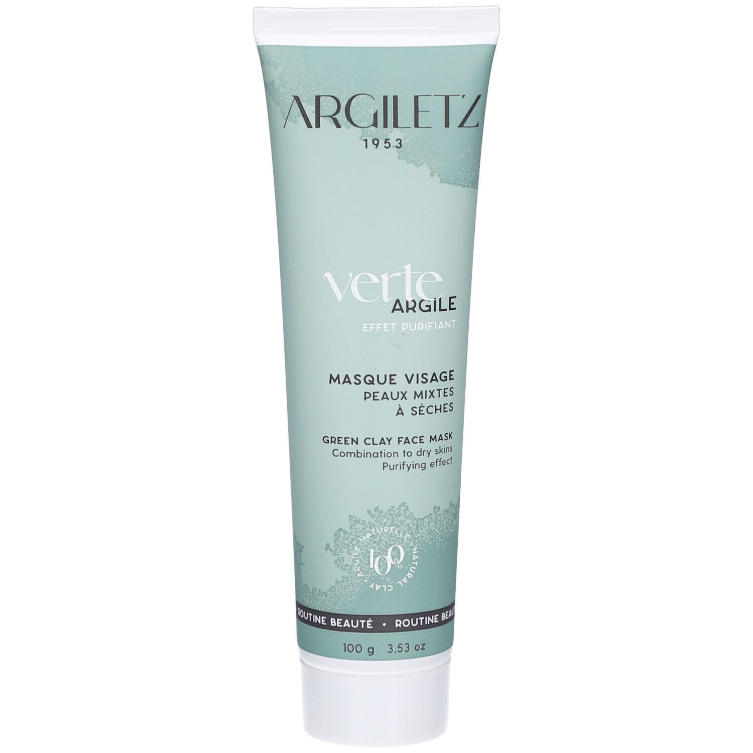 Tube vert avec bouchon blanc. Inscription: Argiletz, Verte Argile, Masque Visage. 100g.