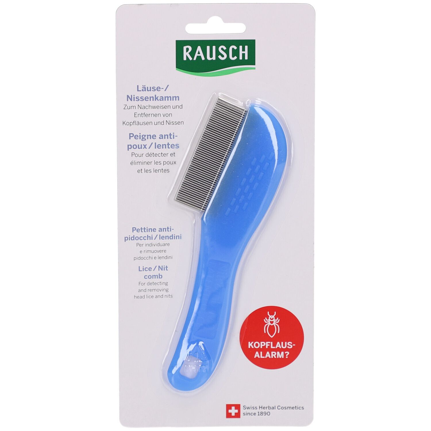 Peigne anti-poux bleu, dents fines, emballage blister. Manche percé. Texte: Rausch, Peigne anti-poux/lentes, Alerte poux?
