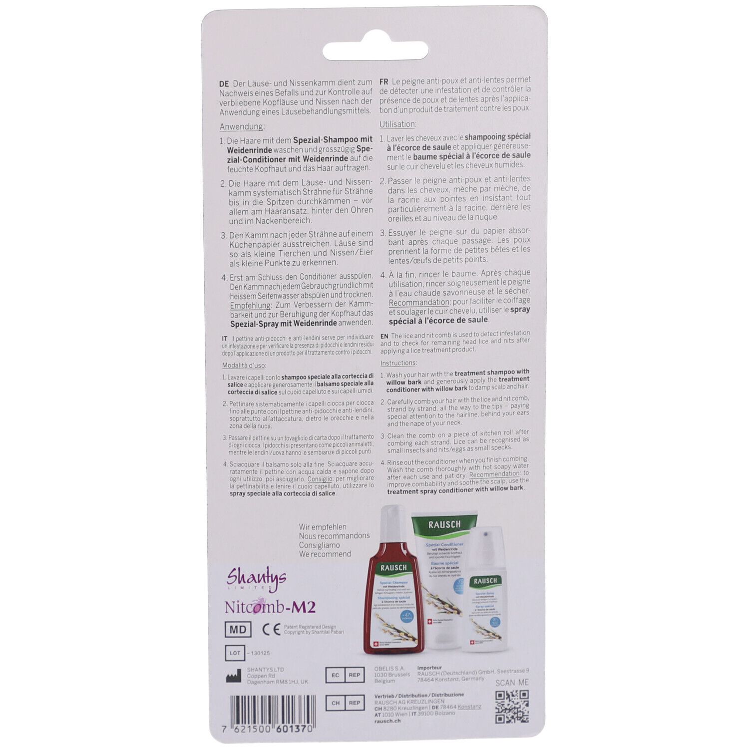 Dos de l'emballage avec texte en allemand et français. Illustration de shampooing et après-shampooing. Texte: Rausch, Nitcomb-M2.