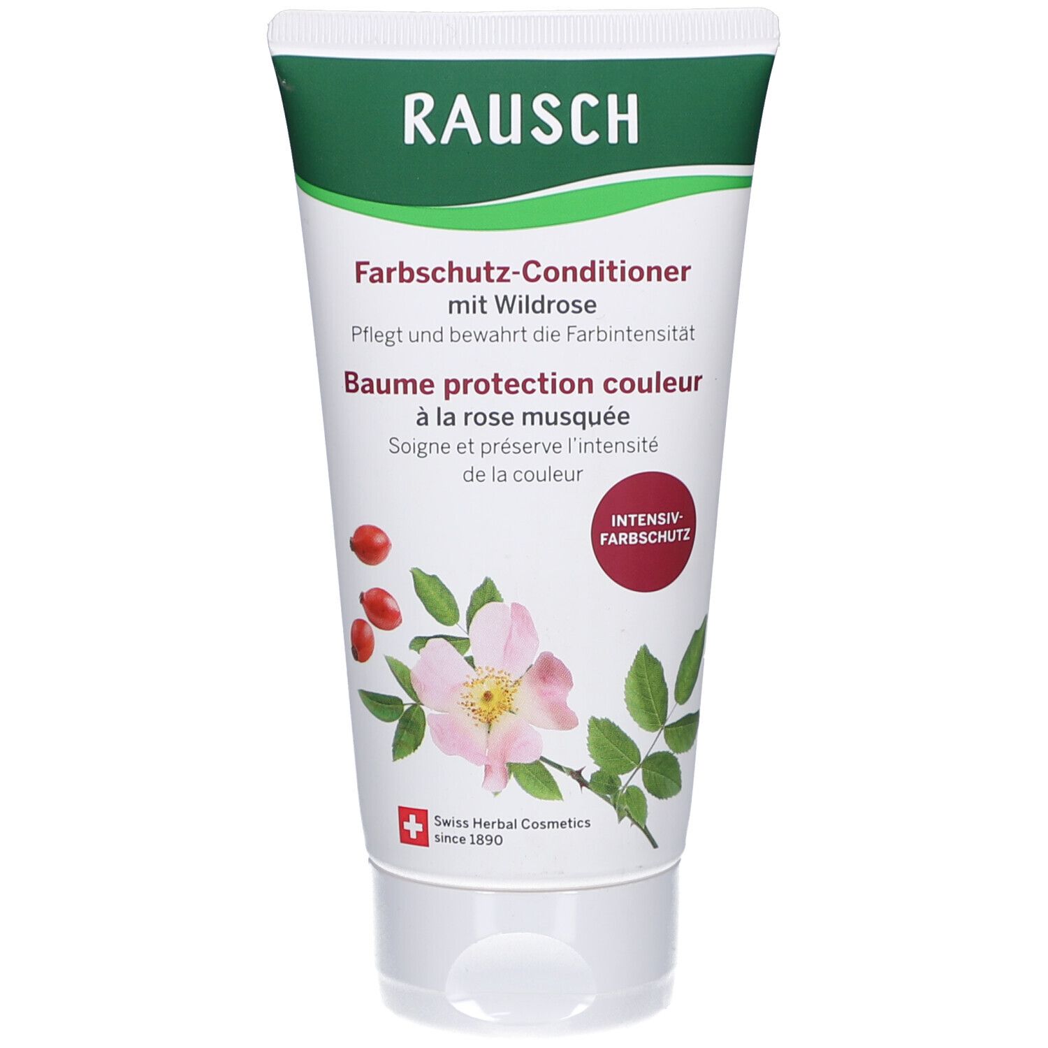 Weisse Tube mit grünem Deckel. Rausch-Logo und Produktname. Abbildung einer Rose. Text: Farbschutz-Conditioner mit Wildrose.