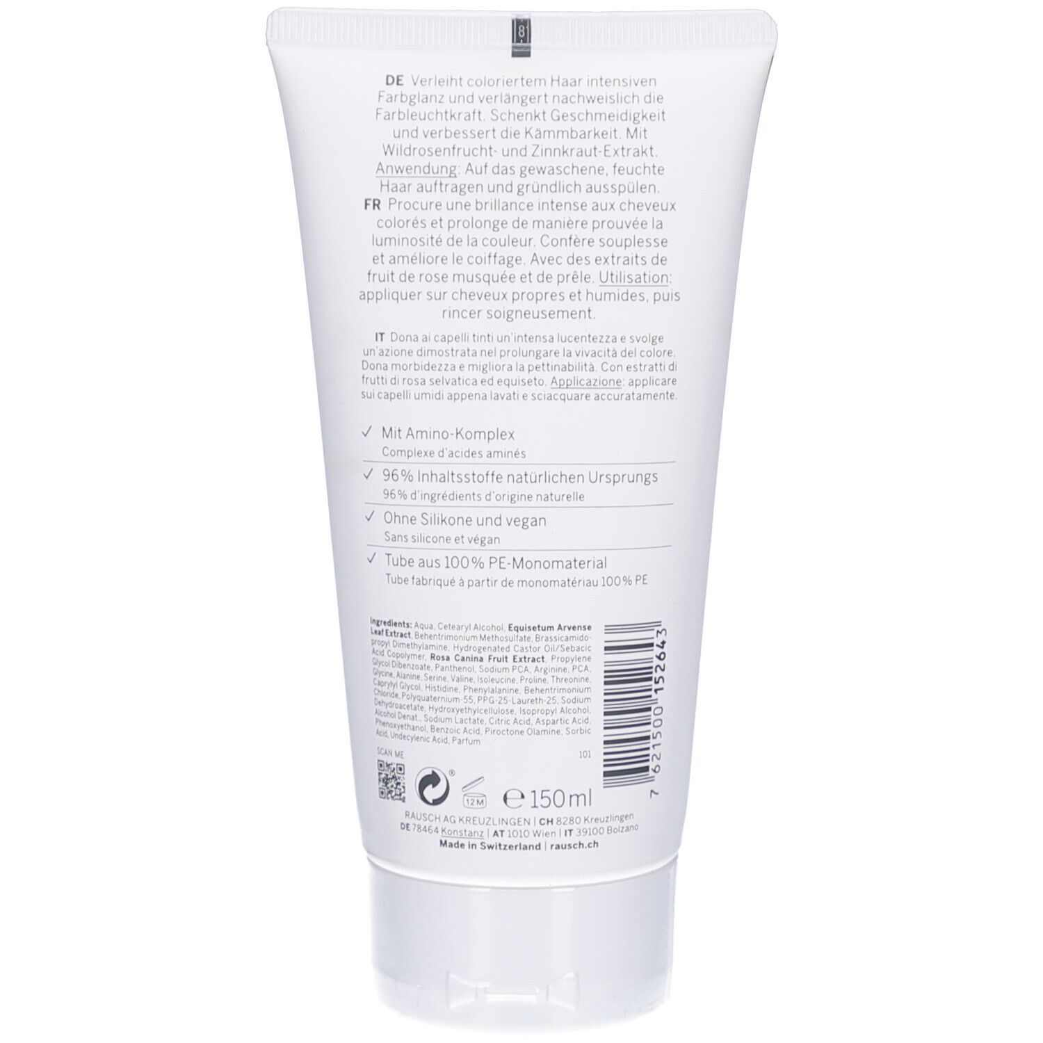 Rückseite der Tube. Text in Deutsch, Französisch und Italienisch. Inhaltsstoffe und Informationen. 150ml. Barcode.