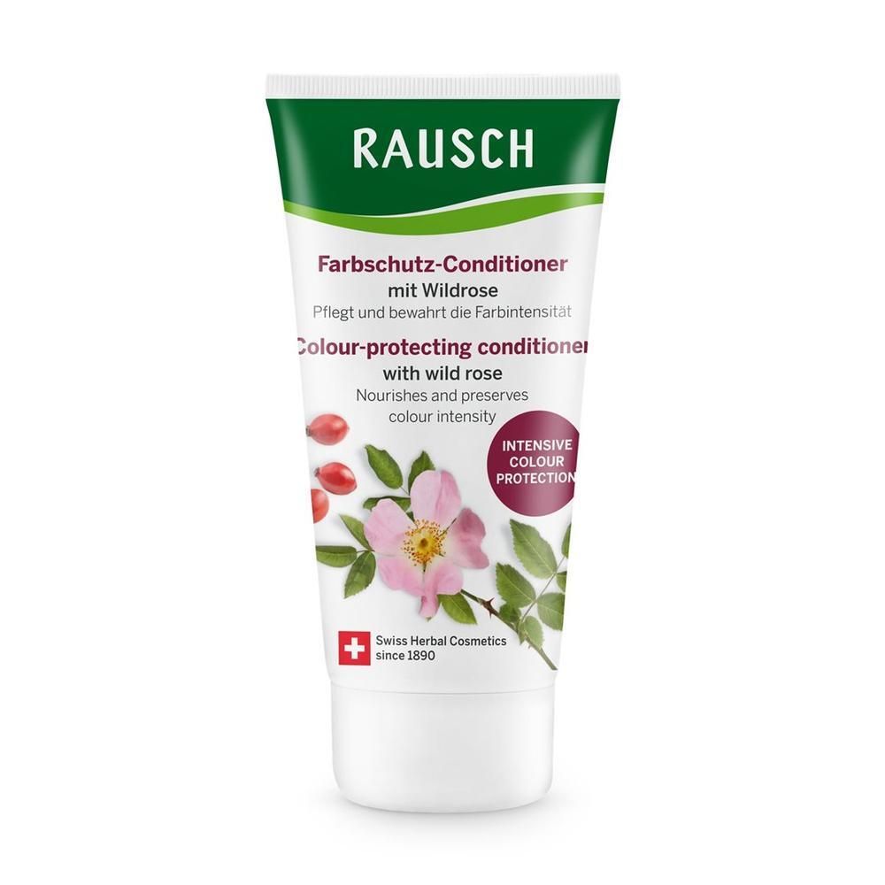 Tube mit Produktaufdruck. Oben grün, unten weiß. Text: RAUSCH, Farbschutz-Conditioner mit Wildrose, Colour-protecting conditioner. Abbildung: Wildrose.