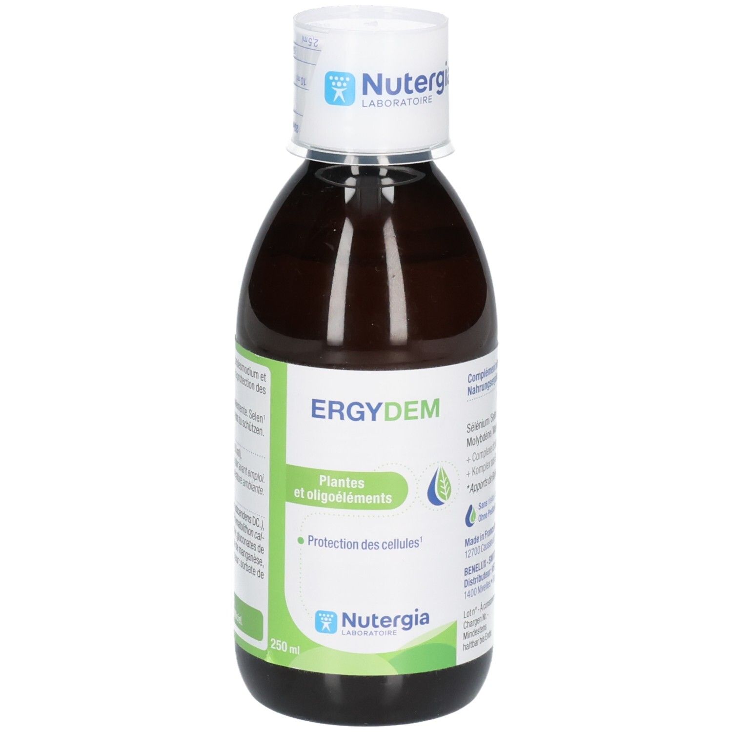 NUTERGIA Ergydem Nahrungsergänzungsmittel, 250 ml Flasche, Vorderseite.
