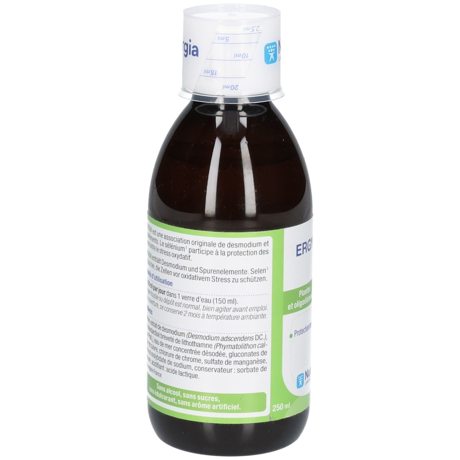 NUTERGIA Ergydem Nahrungsergänzungsmittel, 250 ml Flasche, Rückseite.