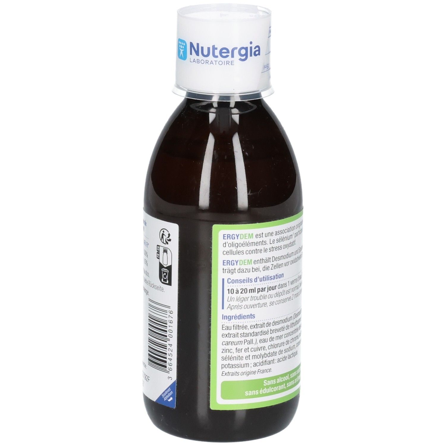 NUTERGIA Ergydem Nahrungsergänzungsmittel, 250 ml Flasche, Seitenansicht.