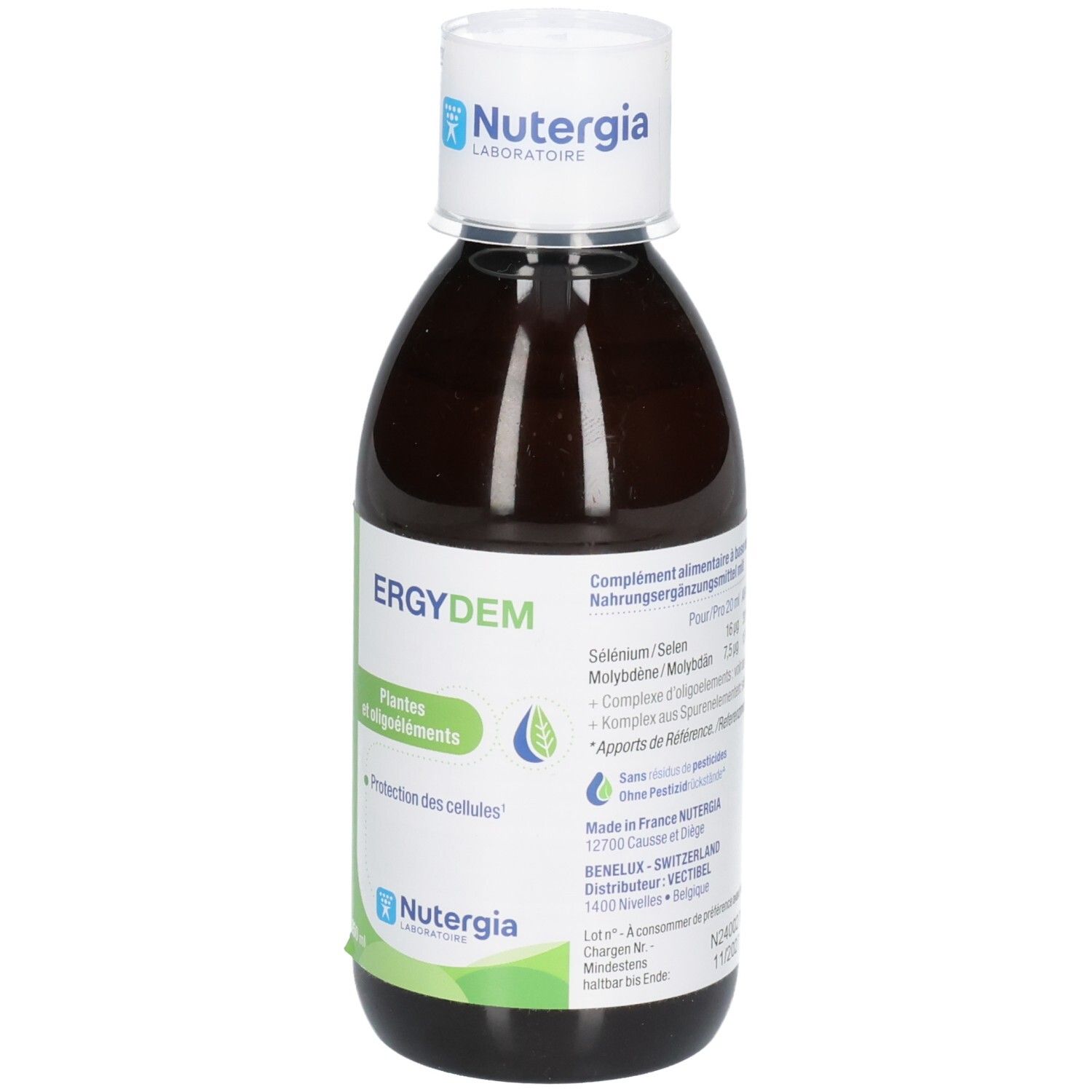 NUTERGIA Ergydem Nahrungsergänzungsmittel, 250 ml Flasche, Etikettendetails.