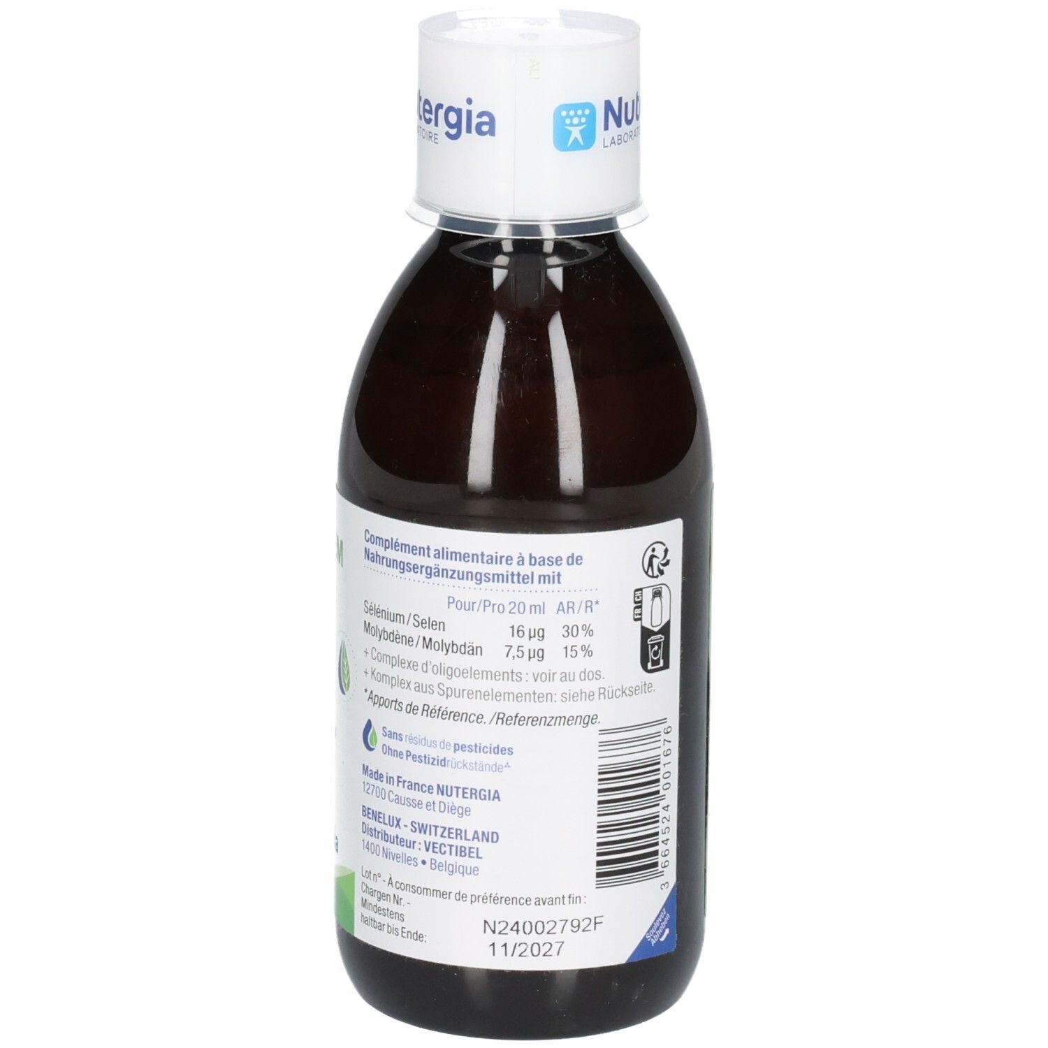 NUTERGIA Ergydem Nahrungsergänzungsmittel, 250 ml Flasche, Barcode und Informationen.