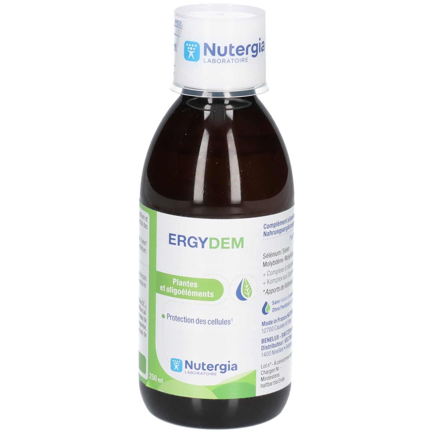 NUTERGIA Ergydem Nahrungsergänzungsmittel, 250 ml Flasche, Vorderseite mit Logo.