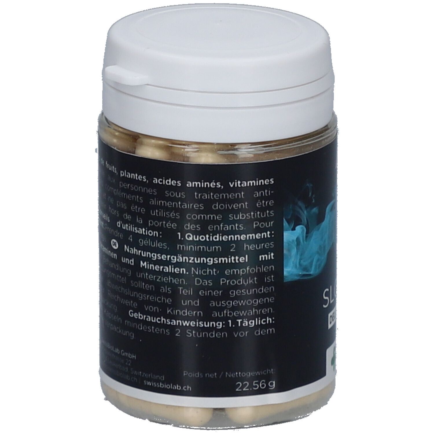 Pot de gélules. Inscription: Alpx, Slowmo Delay for Him. Swiss Made. Logo Swiss Biolab. Texte multilingue.