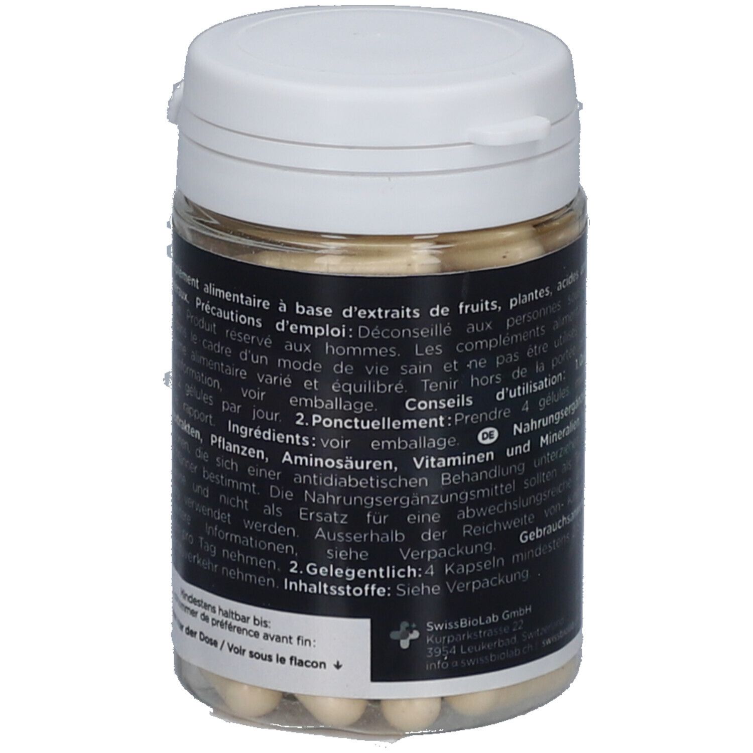 Pot de gélules. Inscription: Alpx, Slowmo Delay for Him. Swiss Made. Logo Swiss Biolab. Texte multilingue.